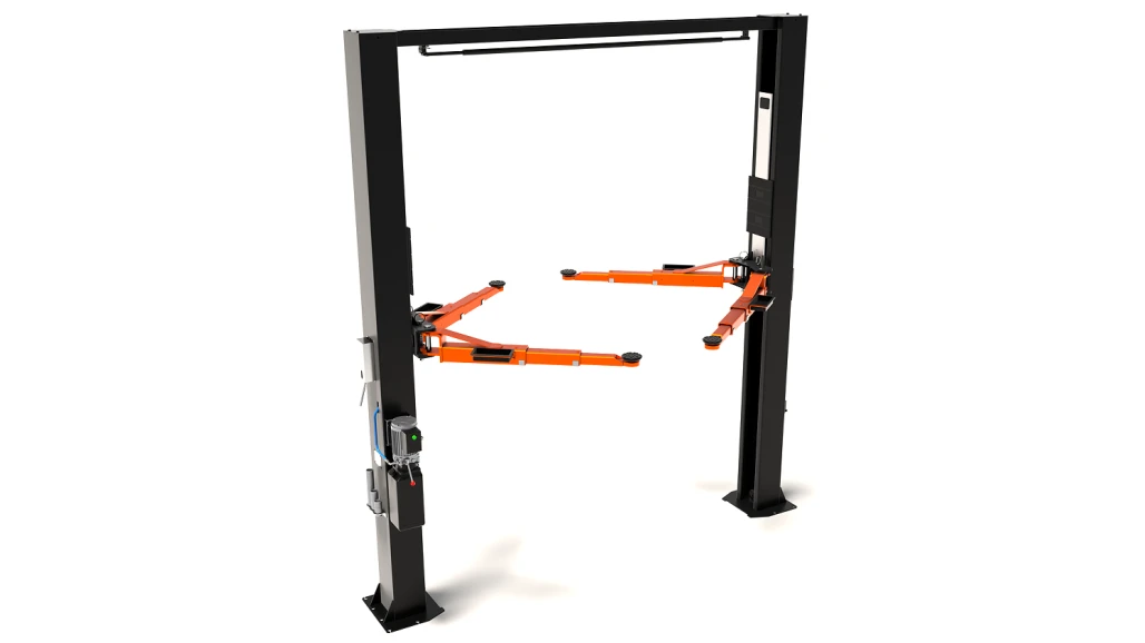 2-post car lift technical drawing with dimensions, blueprint for hydraulic vehicle lifting equipment