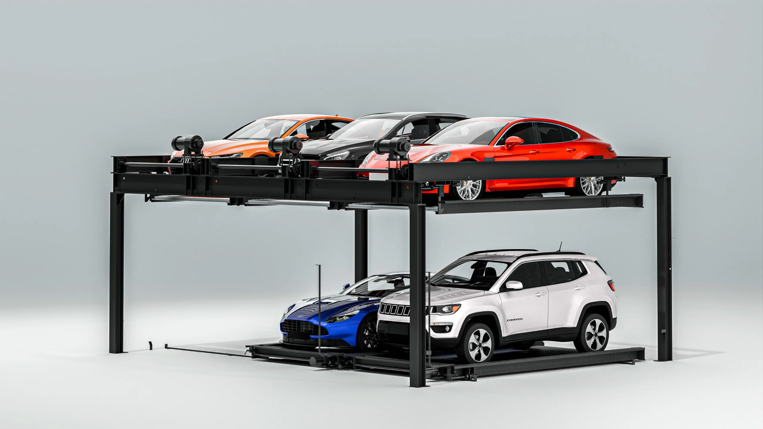 3-bay upper deck puzzle parking system with sports cars, automated multi-level car parking structure