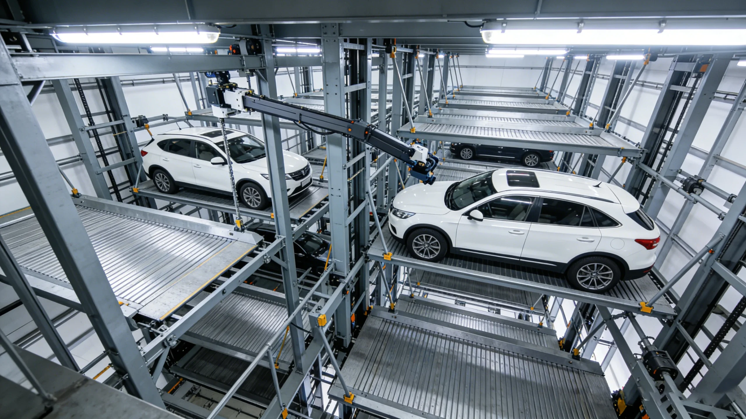 Indoor smart mechanical car parking facility with robotic arm, white SUVs on multi-tiered metal racks, automated vertical parking technology
