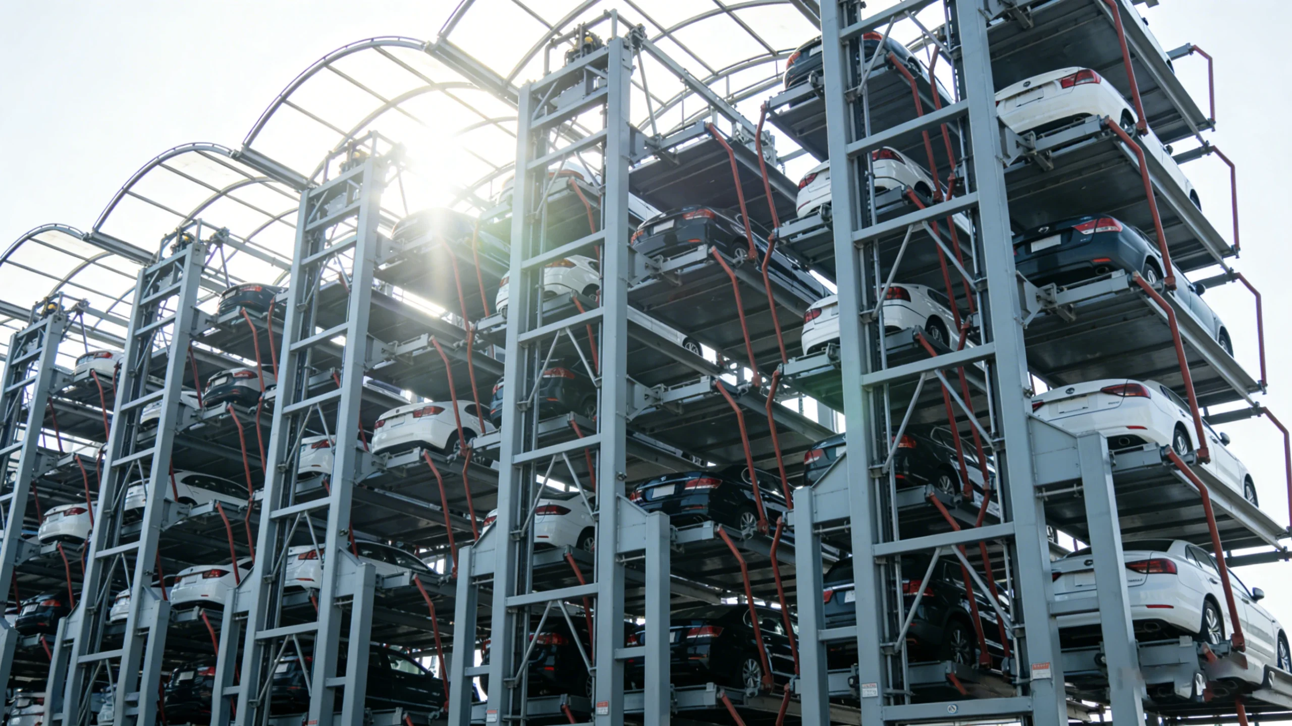 High-density vertical car parking tower with stacked sedans, steel-frame automated parking structure for maximum space efficiency