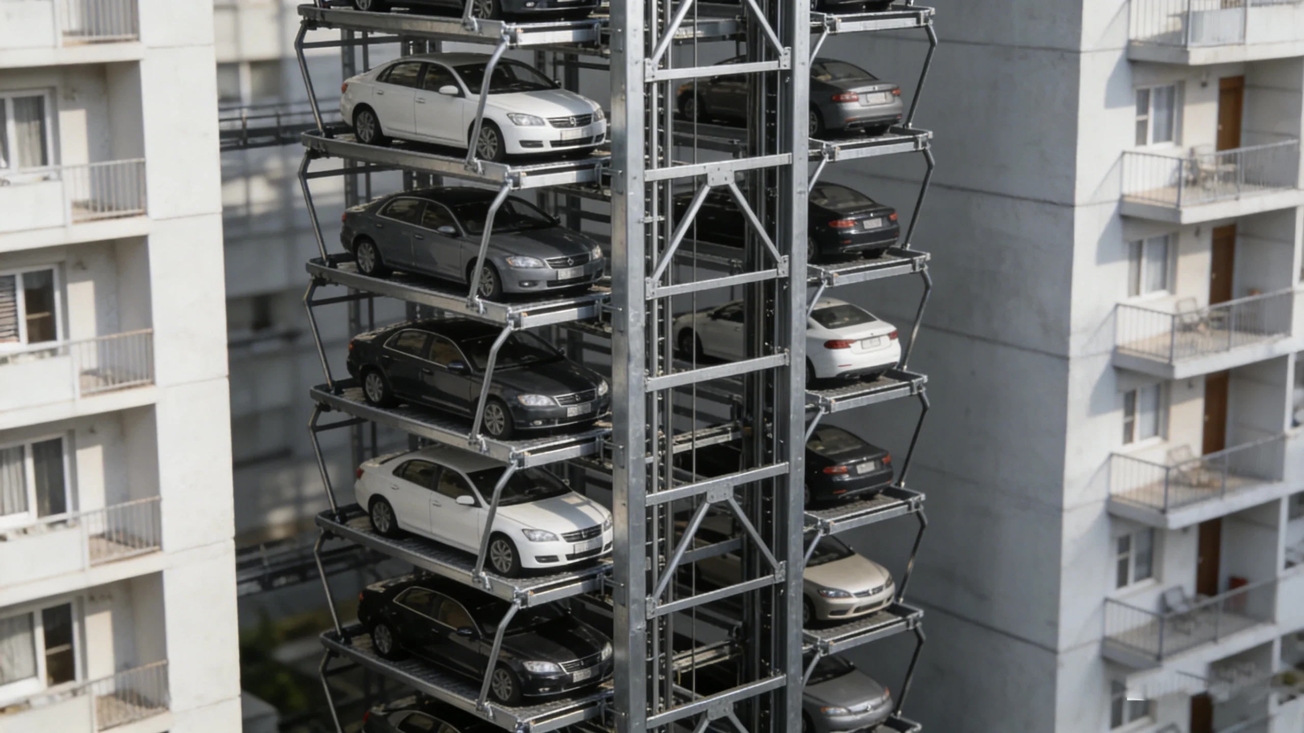 Vertical car parking tower adjacent to high-rise residential buildings, multi-level automated parking solution for urban residential areas
