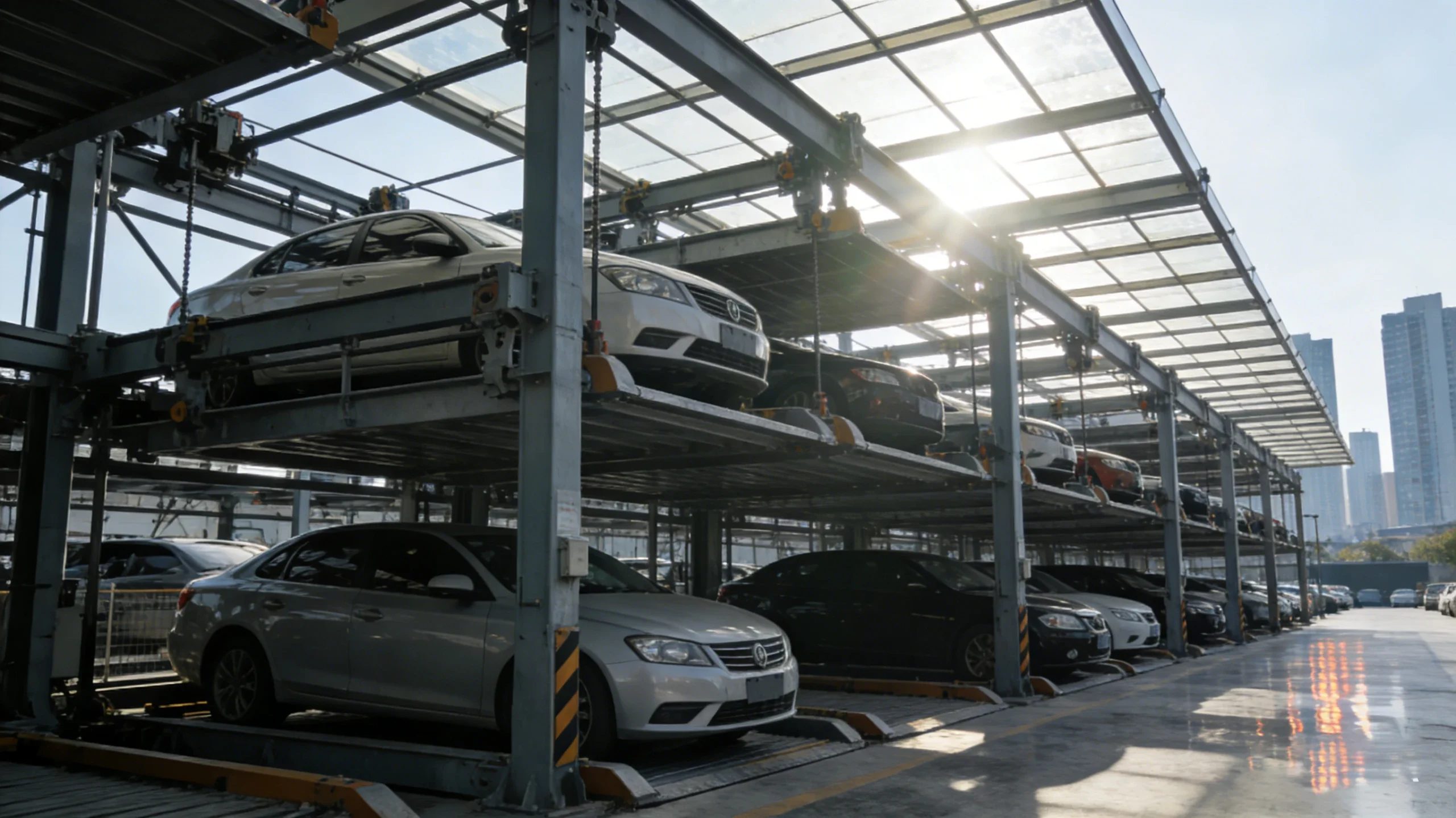 Outdoor multi-level automated car parking system with white and black sedans, modern vertical parking structure for urban space optimization