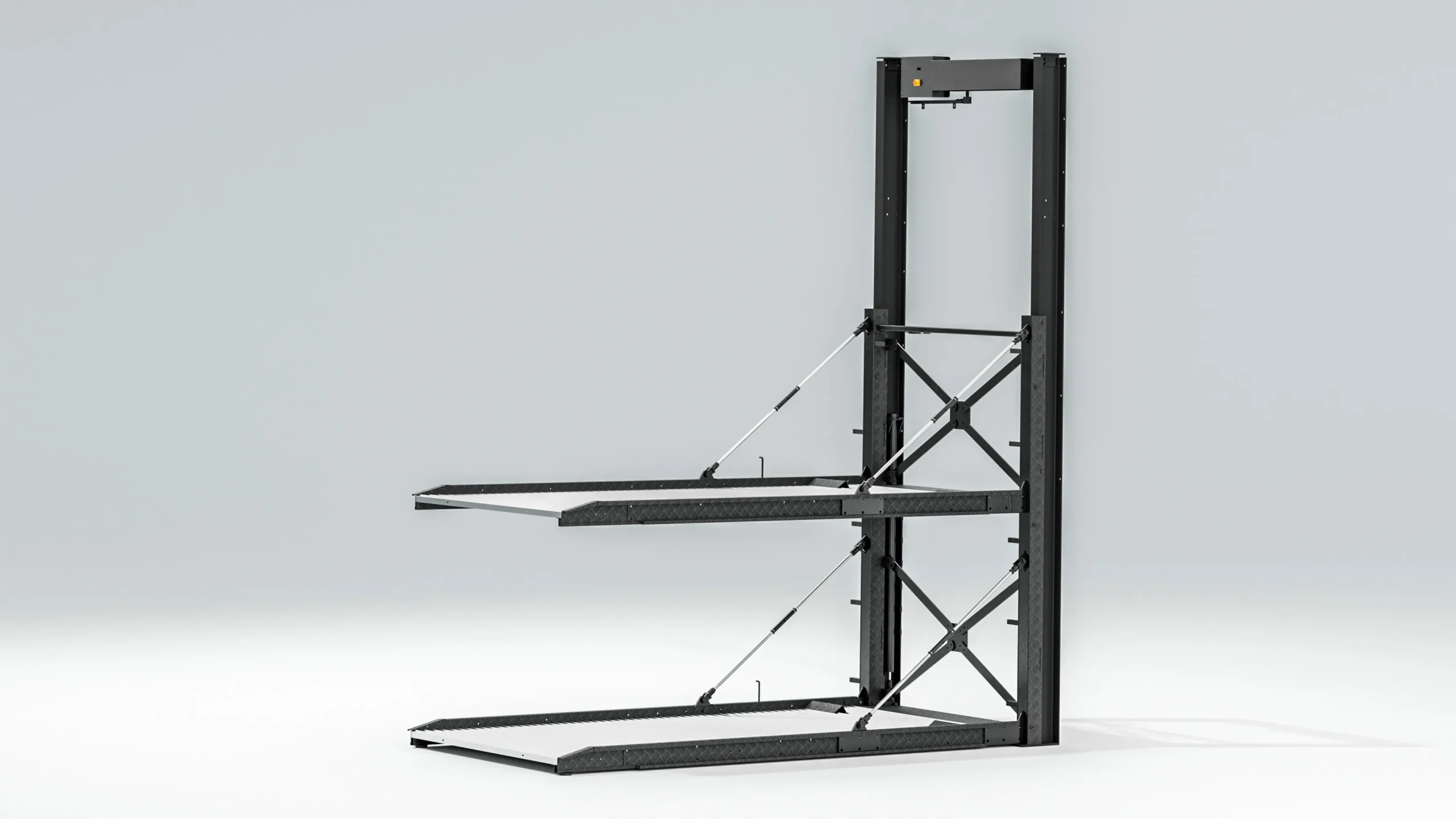 Cantilever pit car parking lift empty frame, front angle view of black steel cantilever pit parking lift