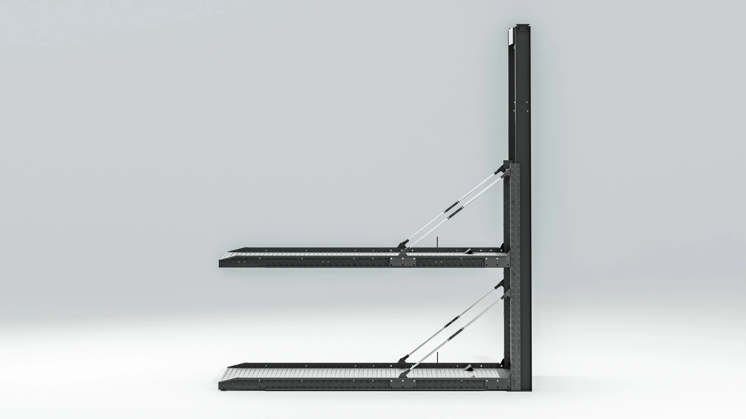 Cantilever pit car parking lift empty frame, side view of black steel cantilever two-level parking structure