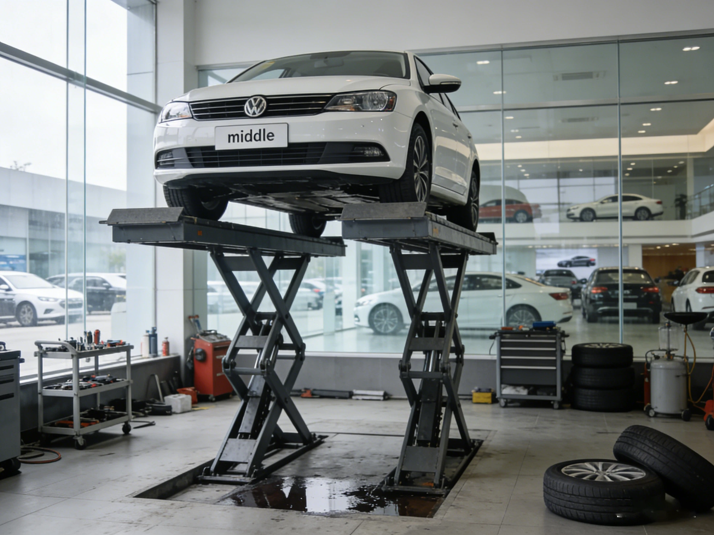 Double middle scissor car lift with Volkswagen in car dealership showroom, precision vehicle lifting equipment