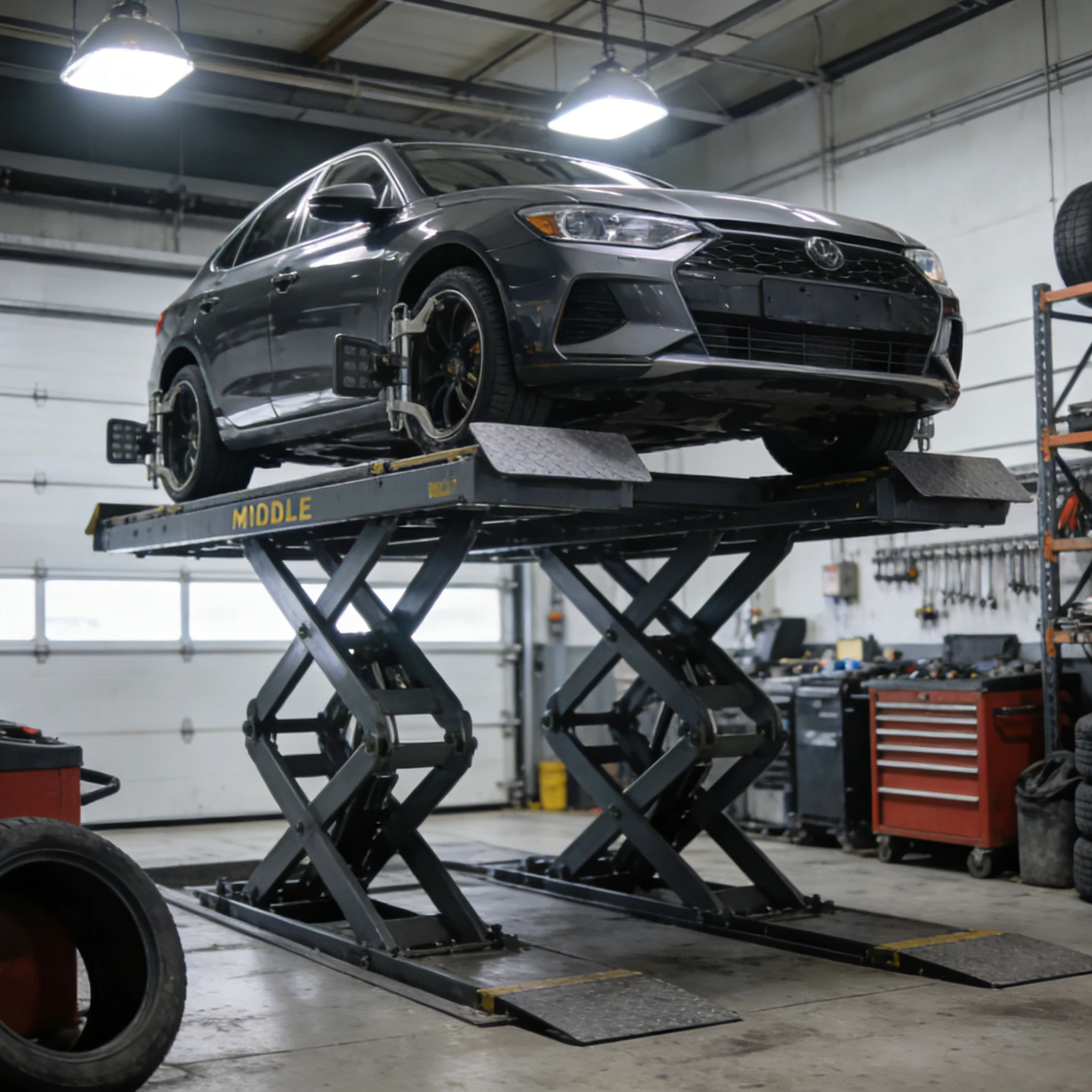 Double scissor car lift lifting a sedan in an auto repair shop, used for vehicle maintenance and undercarriage access.