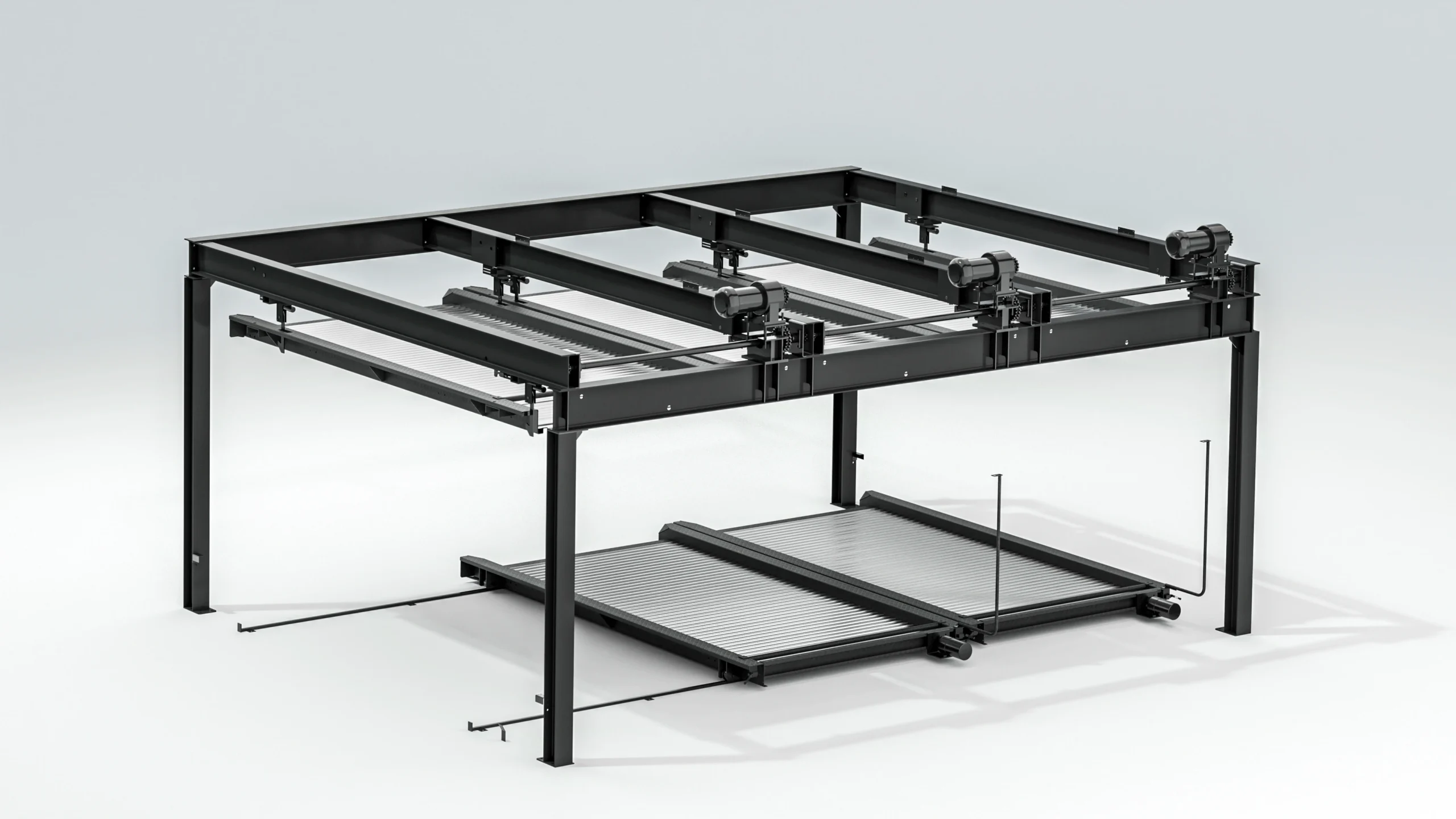 Empty 2-level puzzle parking system frame, black steel automated car parking structure
