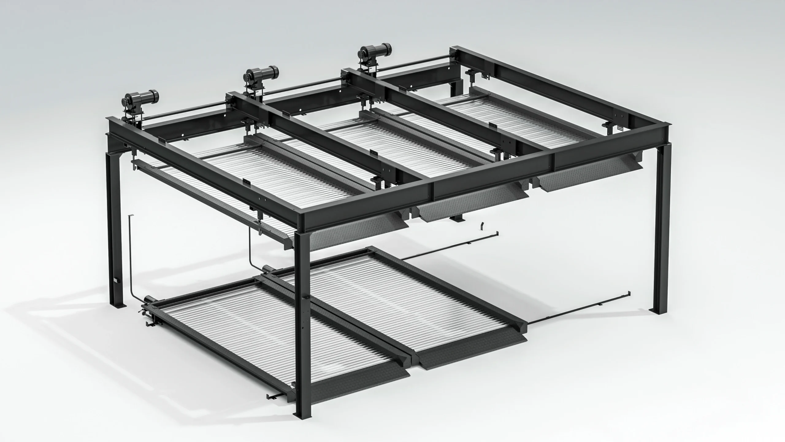 Empty puzzle parking system with sliding platforms, black steel automated car parking equipment