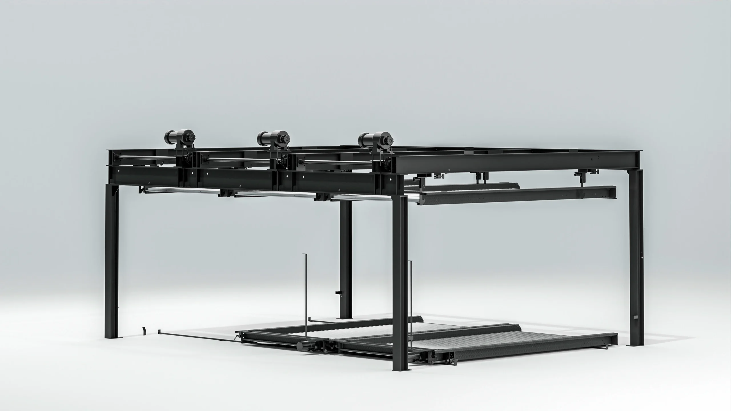 Empty upper deck puzzle parking system frame, black steel automated car parking mechanism