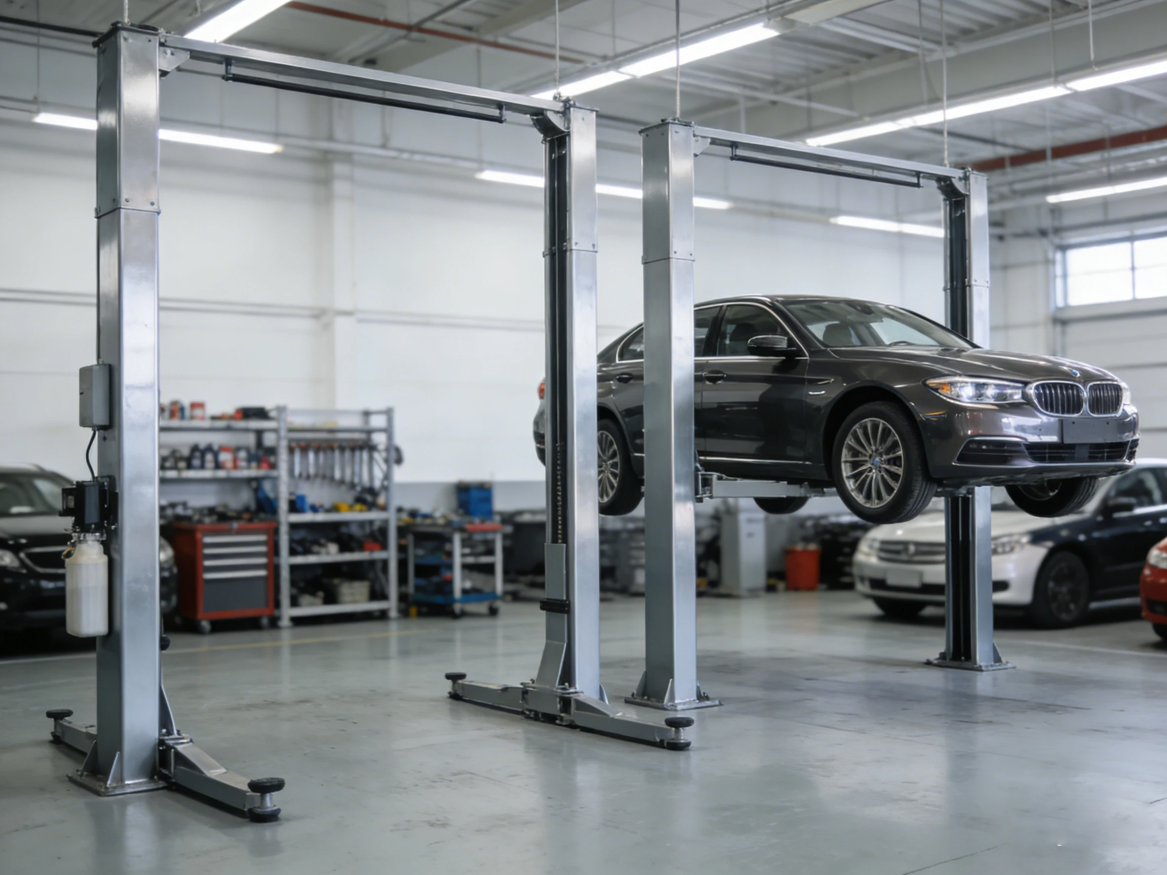 Four-post 2-post hybrid car lift with BMW in car dealership, multi-functional vehicle lifting equipment