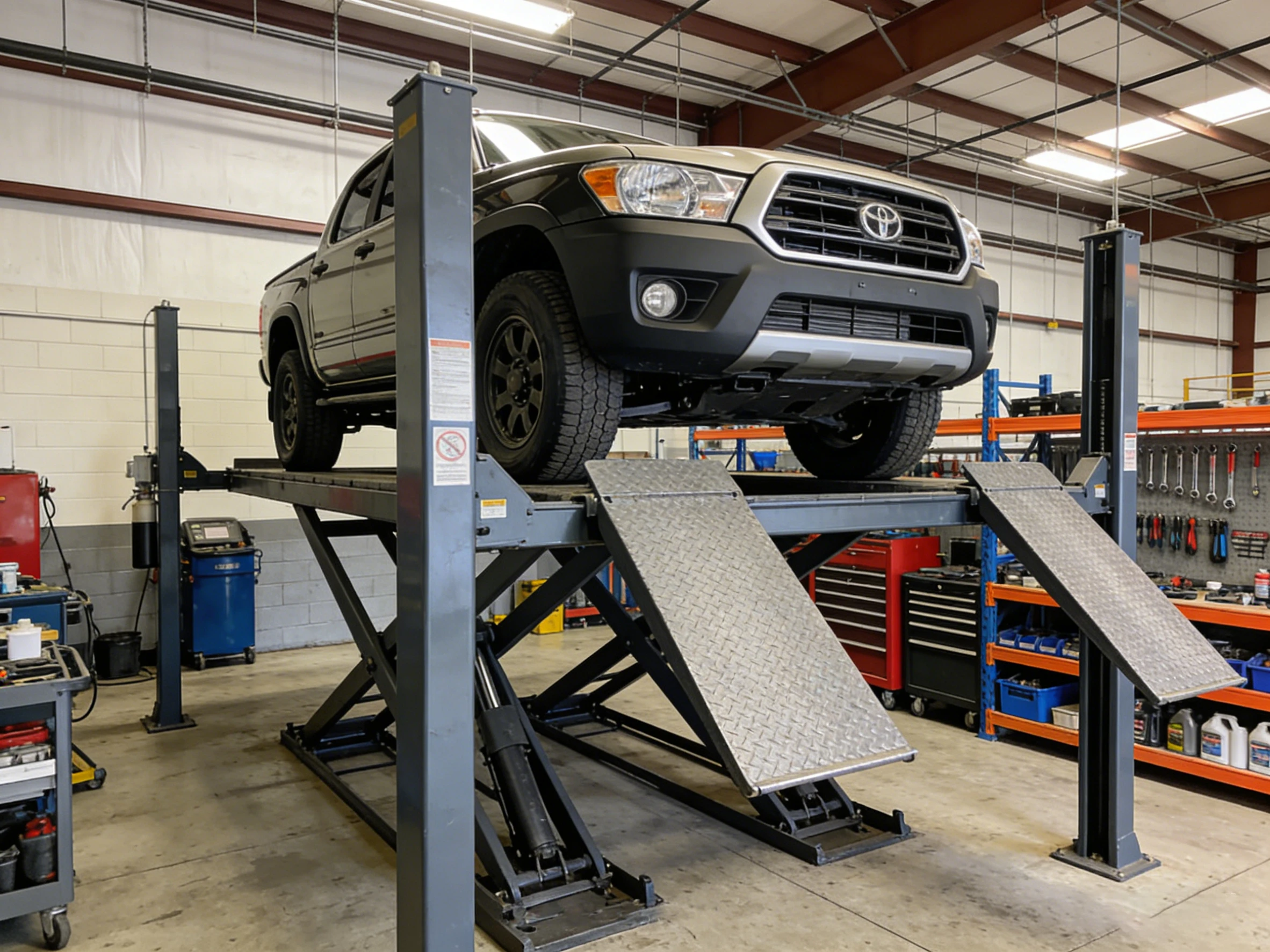Four-post middle scissor car lift in storage garage, multi-level vehicle parking and lifting equipment