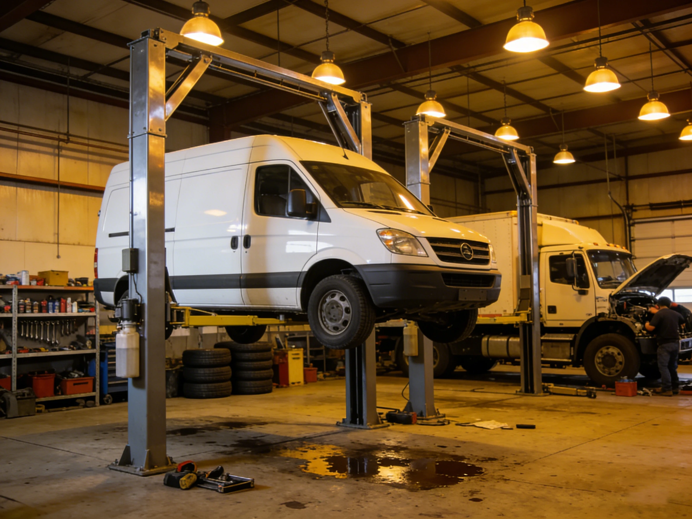 Heavy-duty 2-post car lift with white van in commercial garage, industrial-grade vehicle lifting system for large vehicles