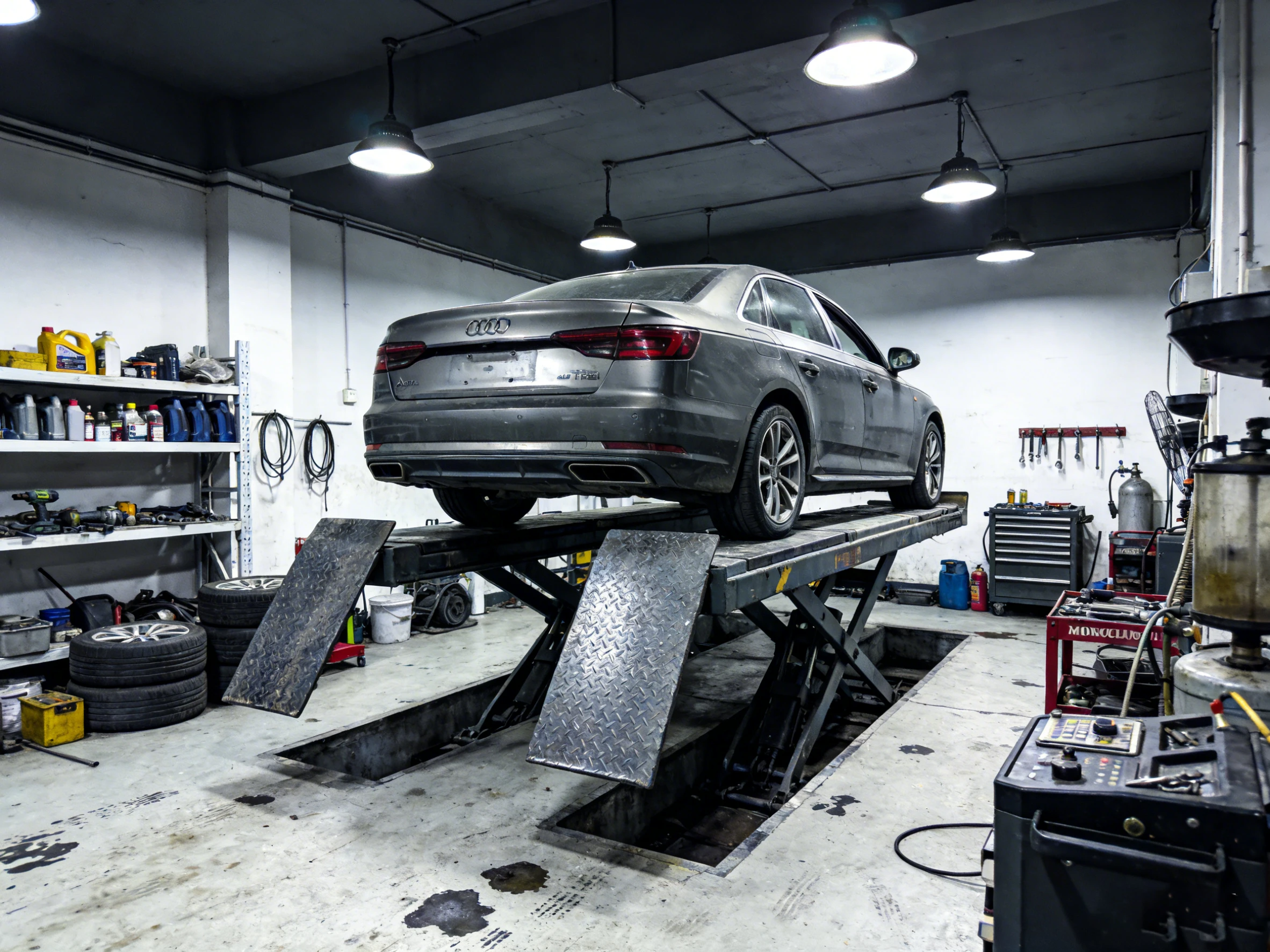 Middle scissor car lift with Audi sedan in auto repair shop, hydraulic vehicle lifting solution for maintenance