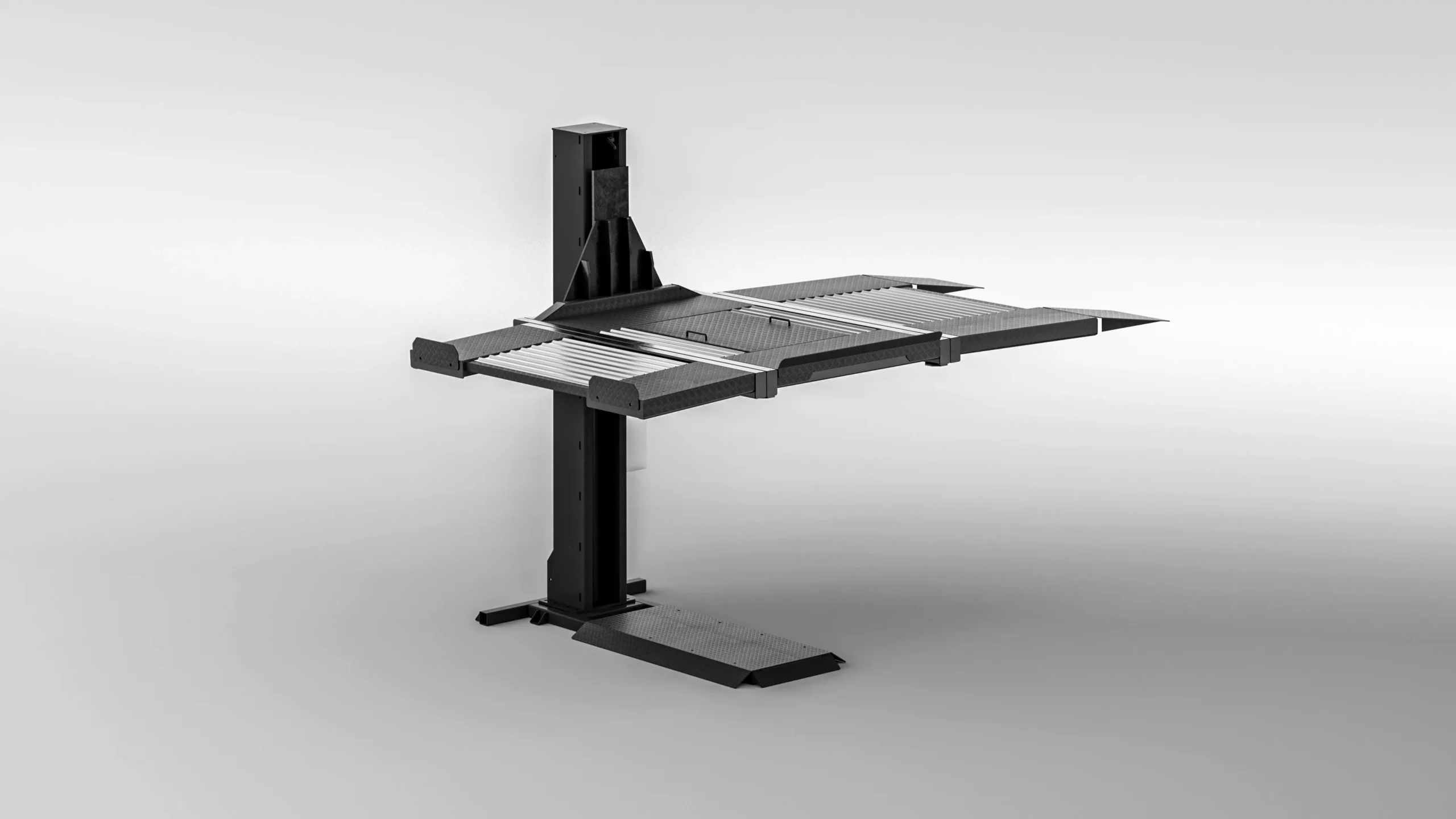 Single post parking lift empty frame, front angle view of black steel single-post car parking mechanism