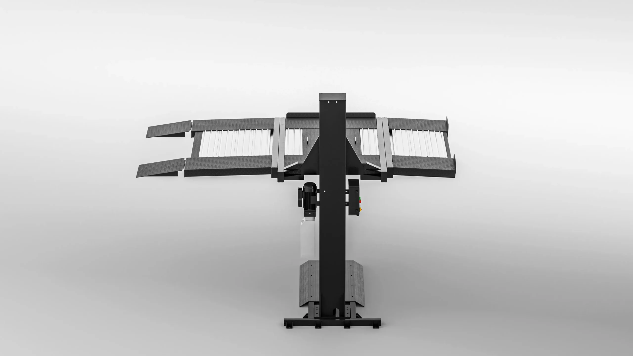 Single post parking lift empty frame, front view of black steel single-post car parking structure