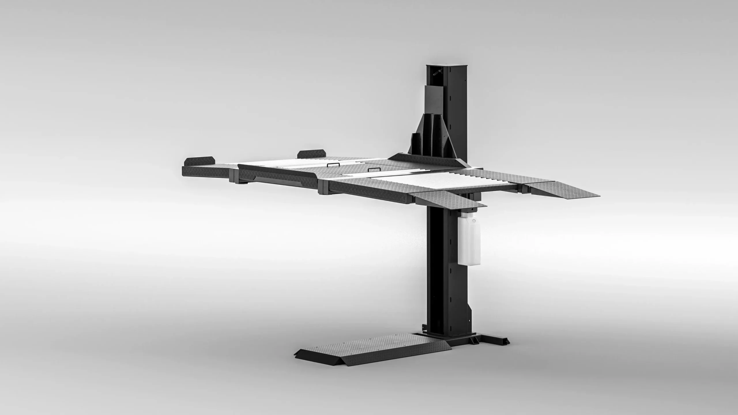 Single post parking lift empty frame, side angle view of black steel single-post car parking lift