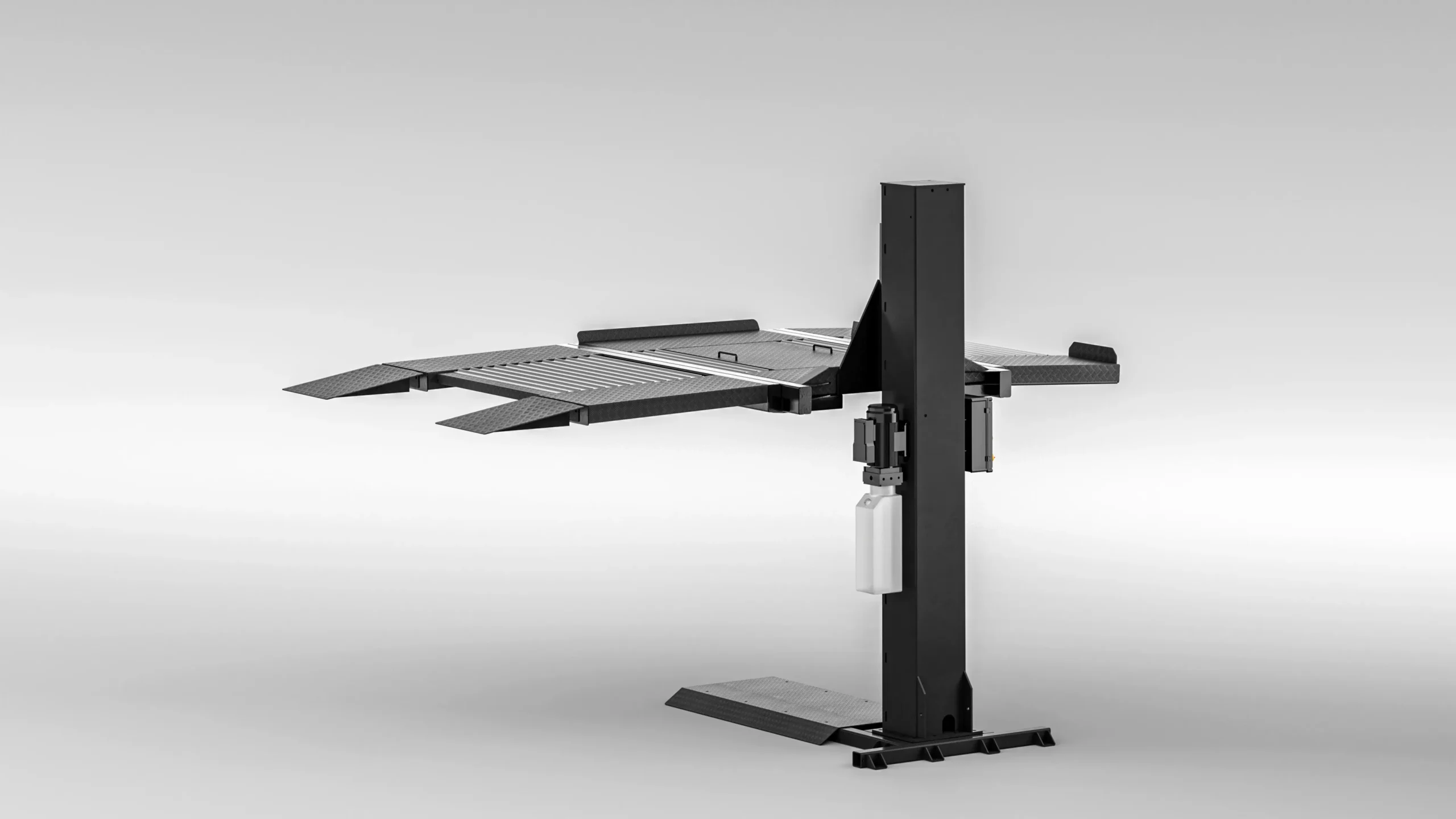 Single post parking lift empty frame, side view of black steel single-post car parking equipment