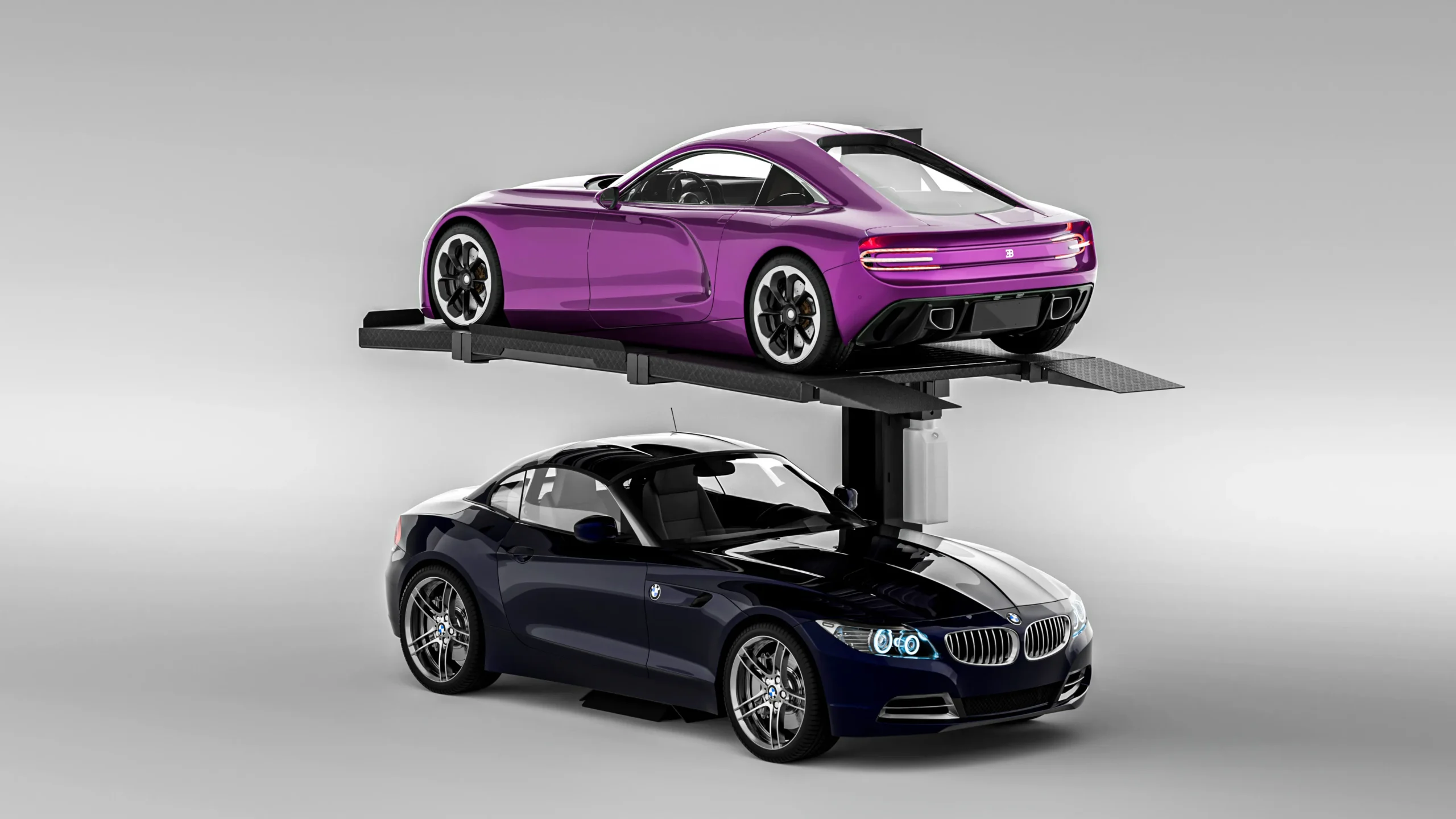 Single post parking lift with purple BMW, side view of single-post automated car parking system