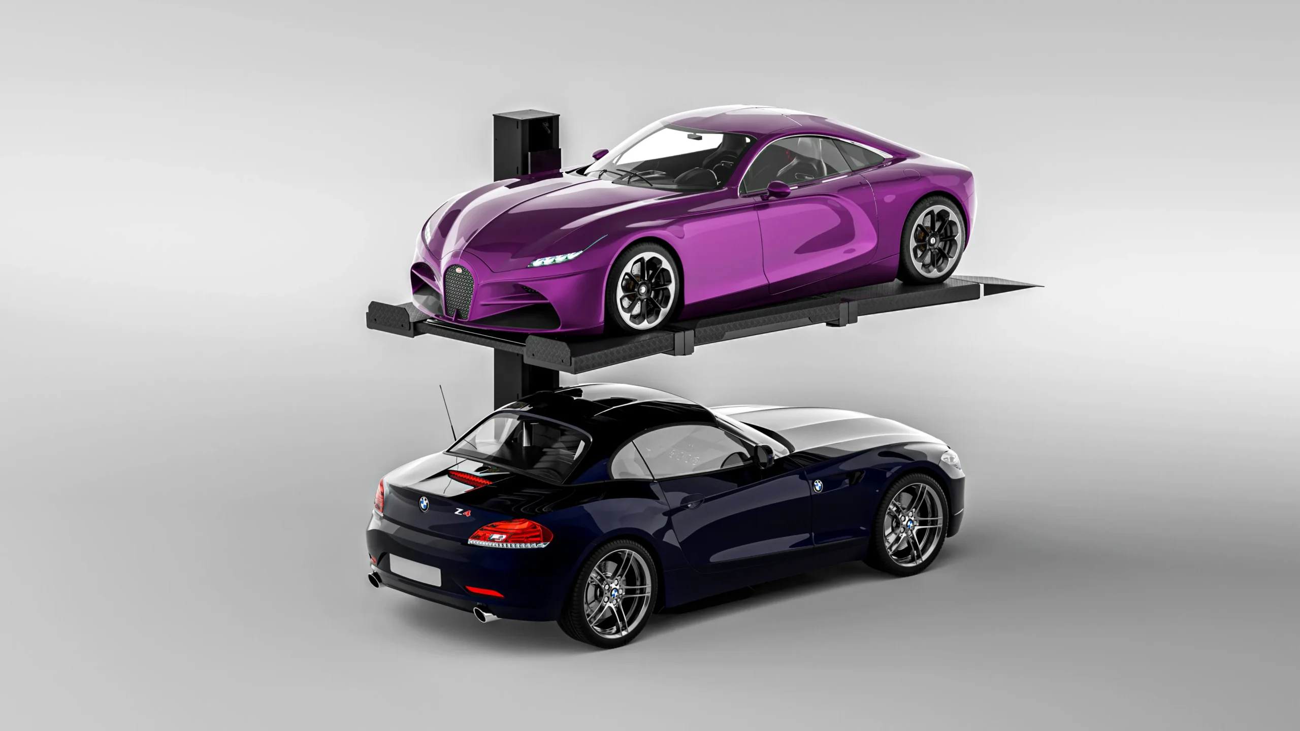 Single post parking lift with purple Bugatti, front view of single-post automated car parking structure