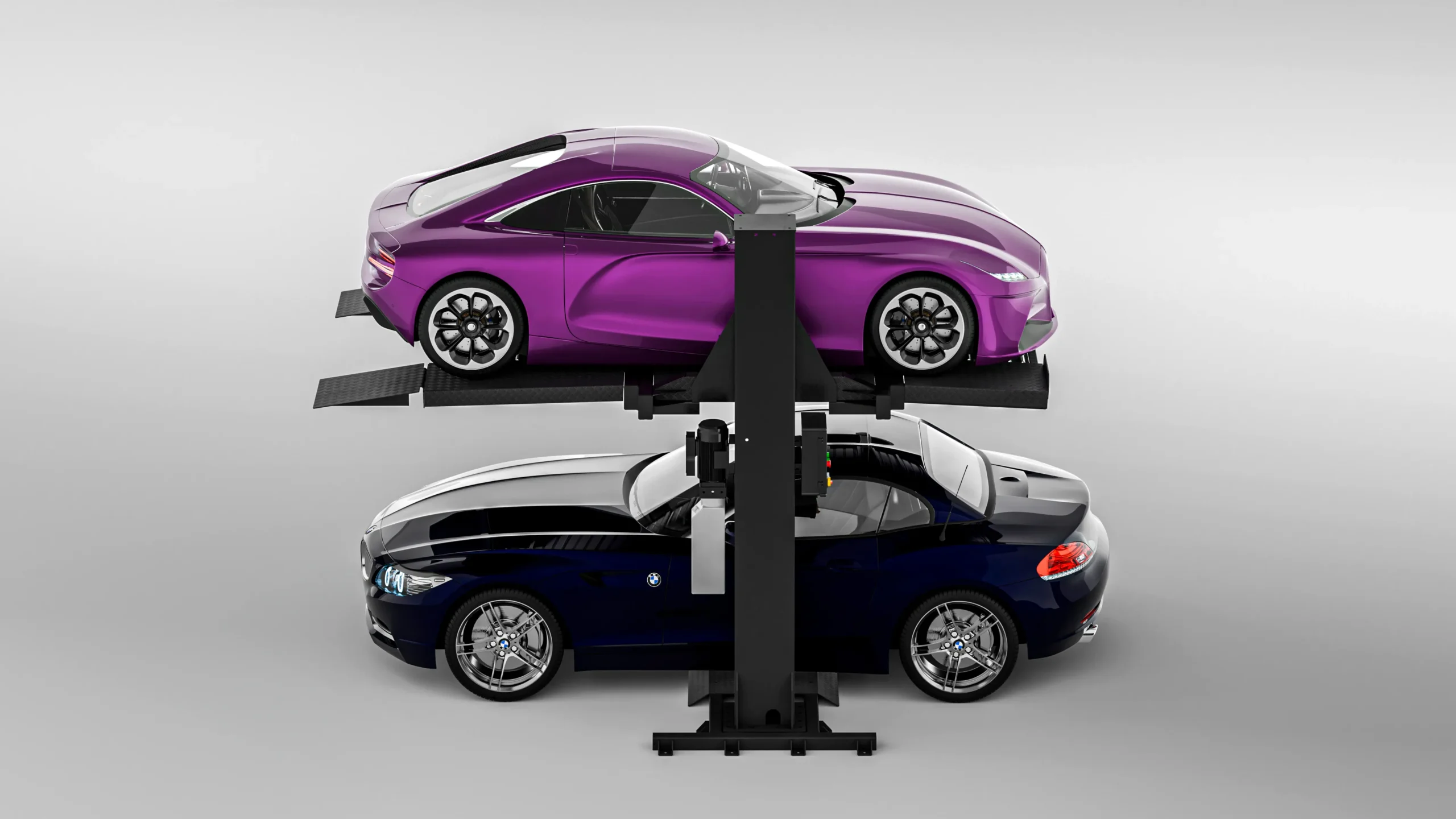 Single post parking lift with purple sports car, front view of single-post automated car parking system