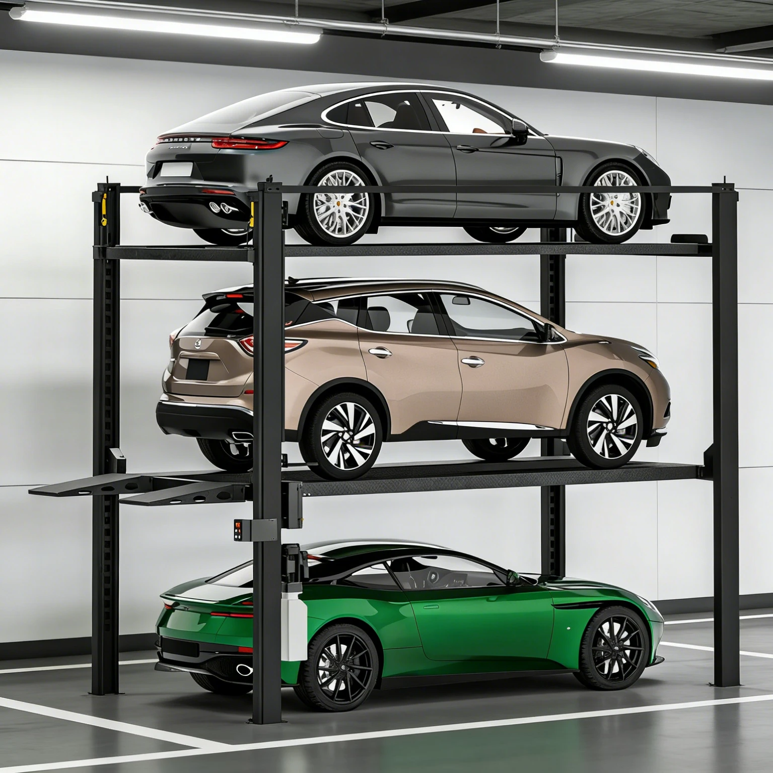 Triple stack four-post parking lift with three luxury cars parked in a modern indoor garage, showcasing space-saving vertical parking solution.