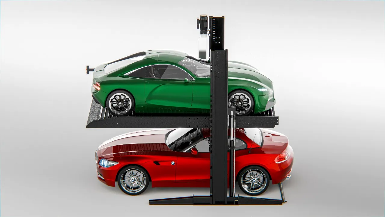 Two post parking lift with green car and red BMW, rear view of two-post car parking equipment