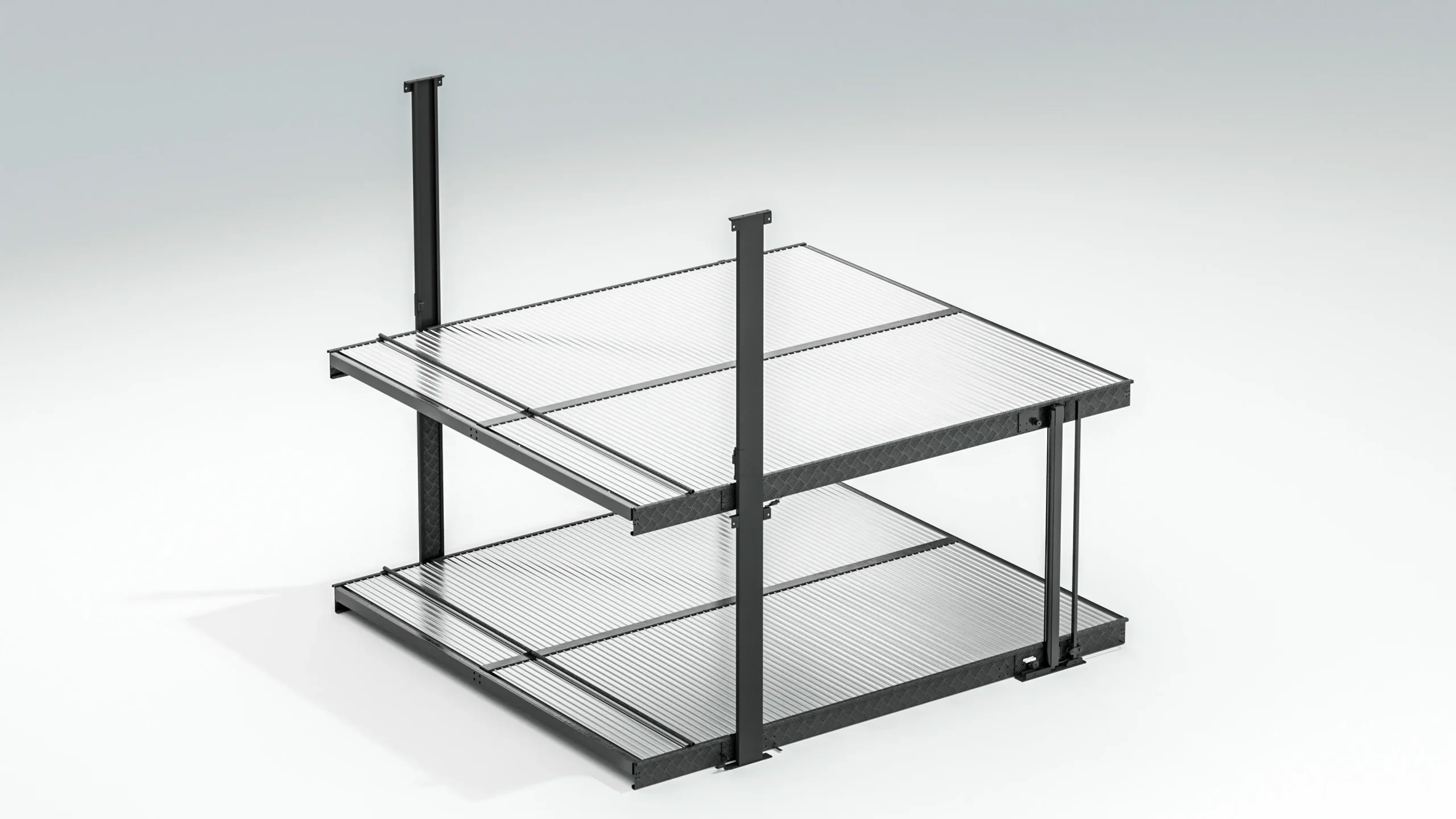 Underground 2 post parking lift D empty frame, front angle view of black steel two-level parking equipment