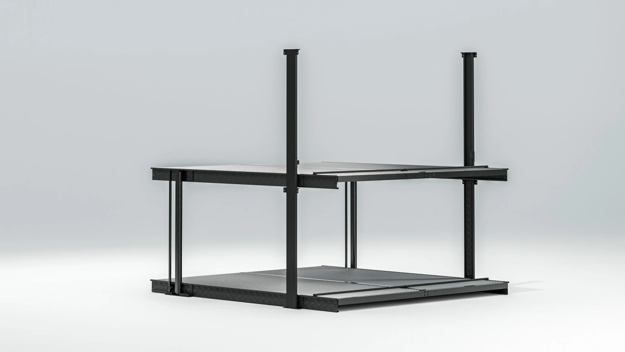 Underground 2 post parking lift D empty frame, front-side view of black steel two-level parking mechanism