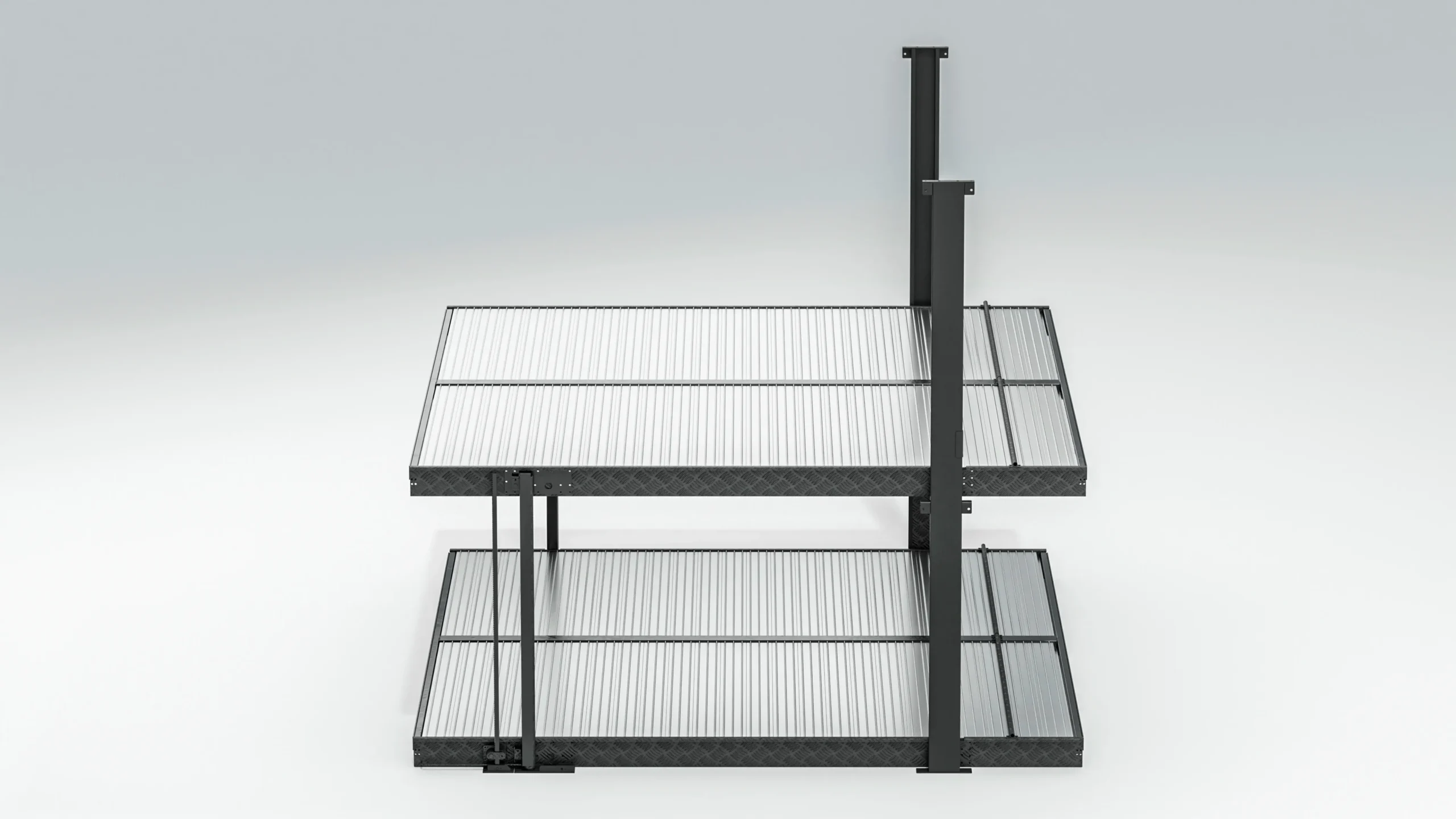 Underground 2 post parking lift D empty frame, side view of black steel two-level parking structure