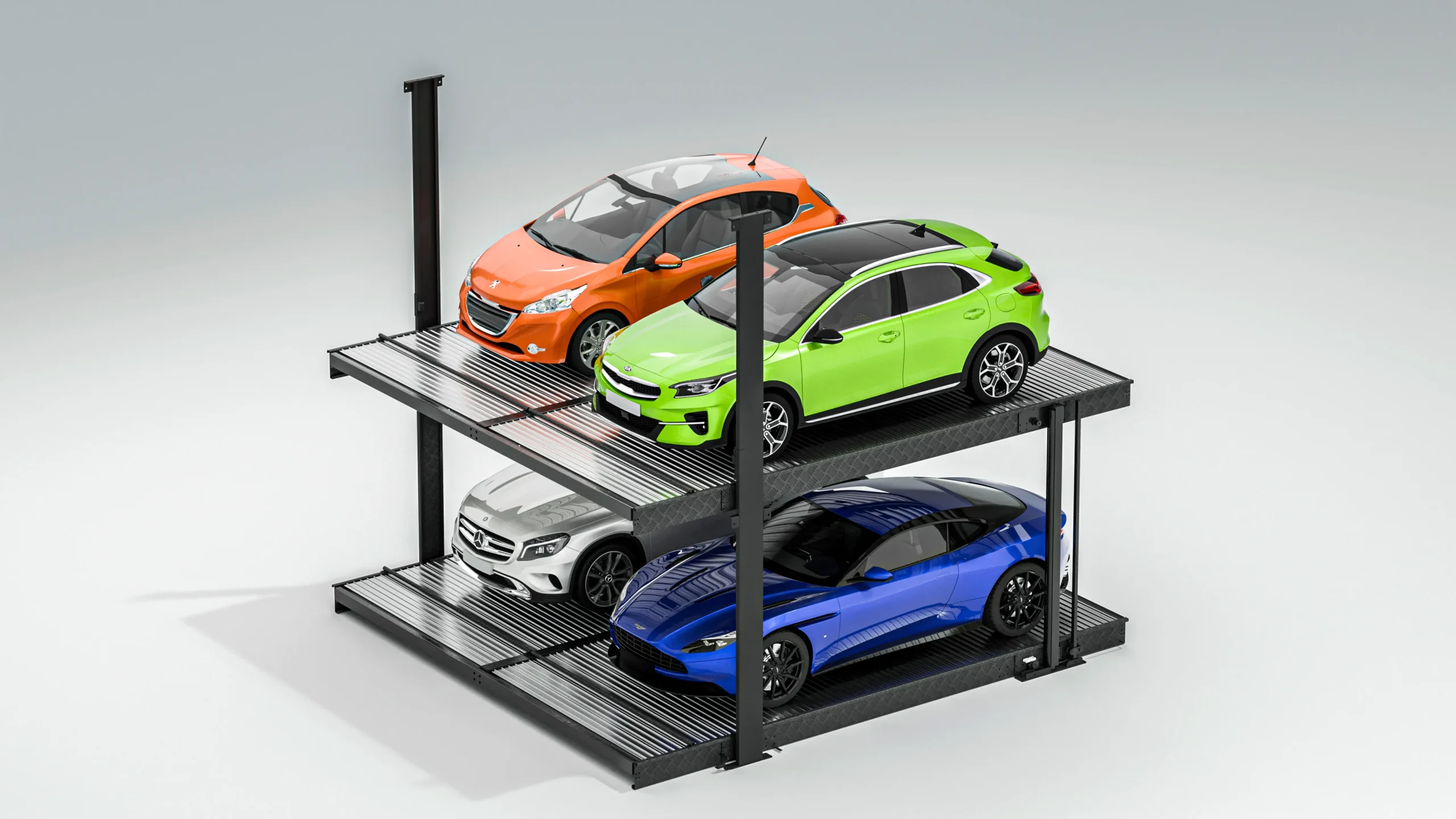 Underground 2 post parking lift D with compact cars, front view of two-level automated underground parking solution