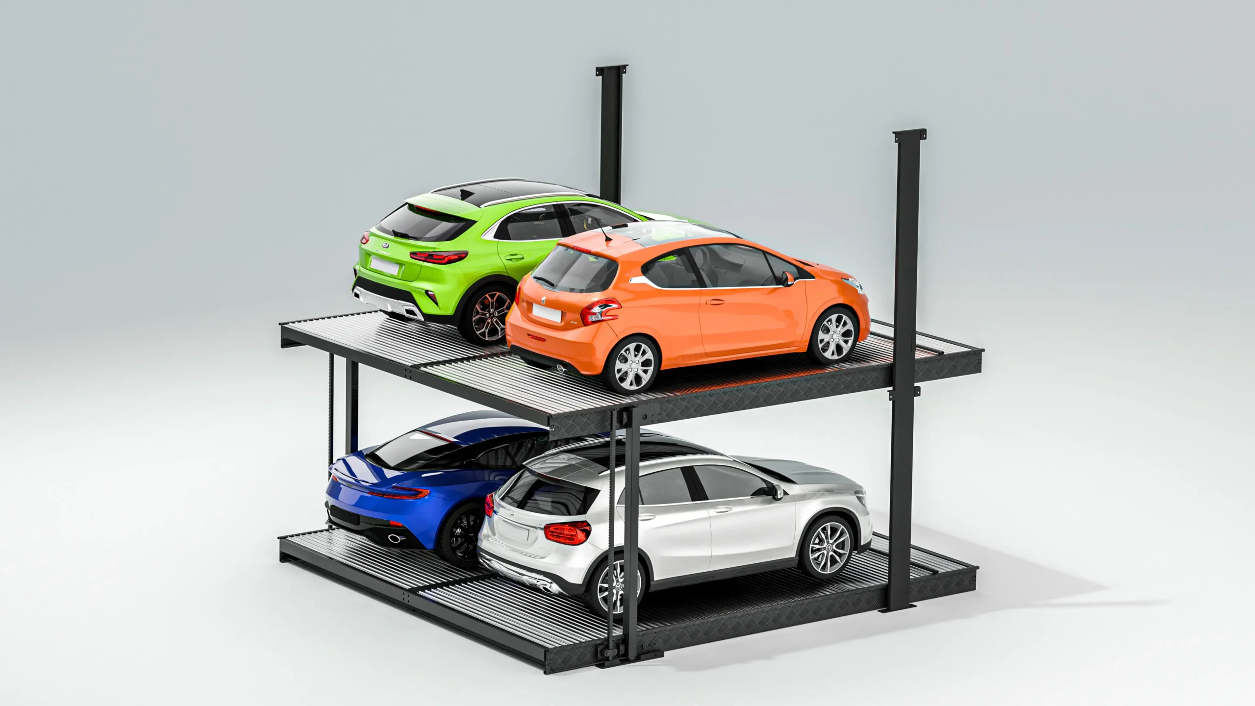 Underground 2 post parking lift D with compact cars, rear view of two-level automated underground parking system