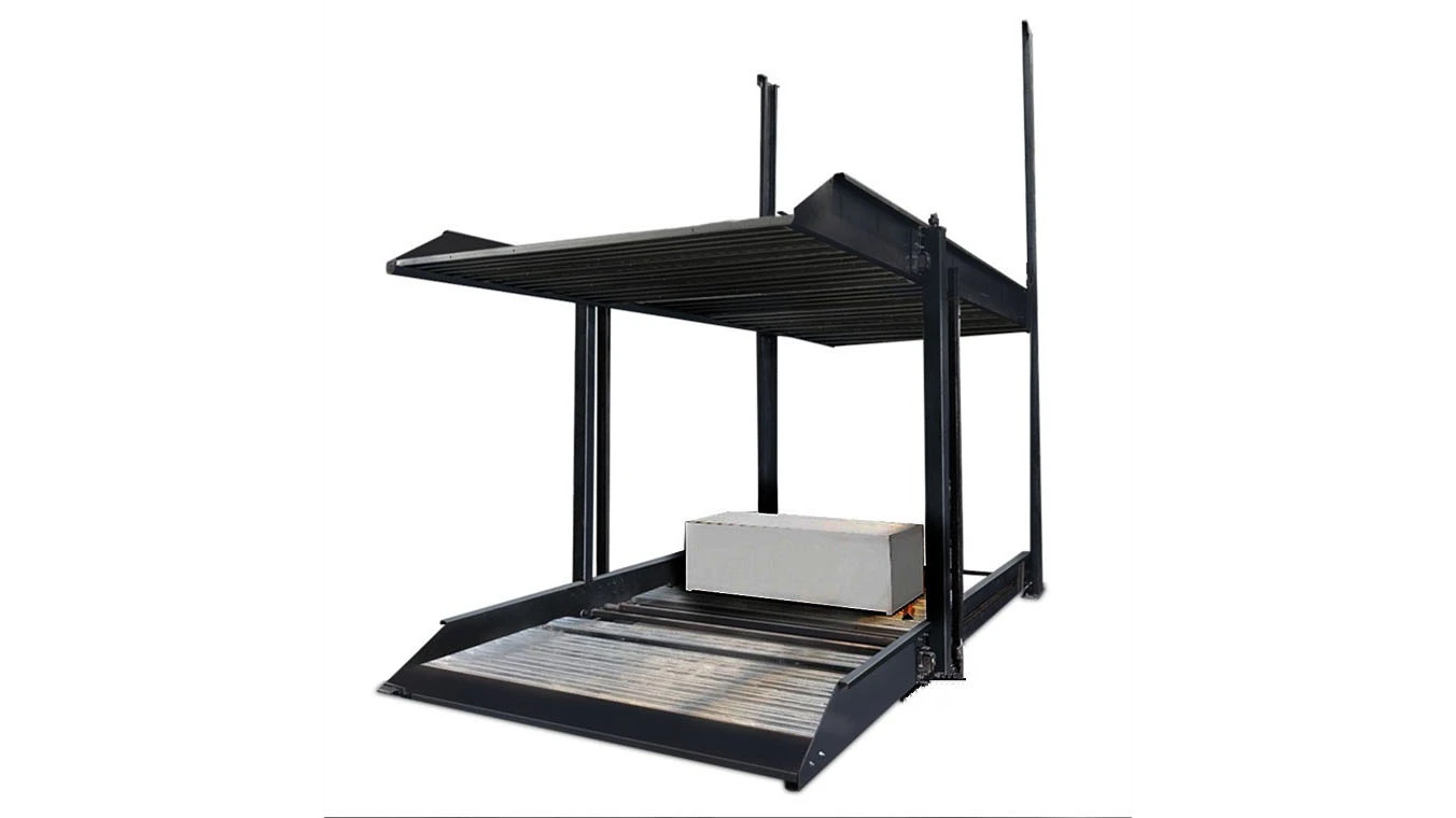 Underground 2 post parking lift, black steel two-level parking structure with protective cover, designed for space-saving underground parking solutions