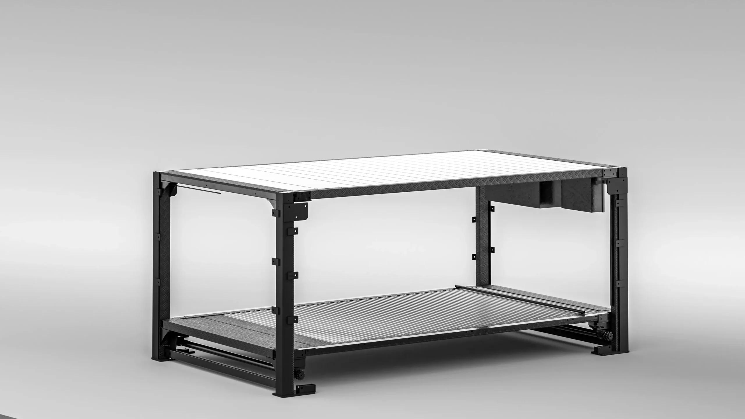 Underground parking lift empty frame, front angle view of black steel two-level parking equipment