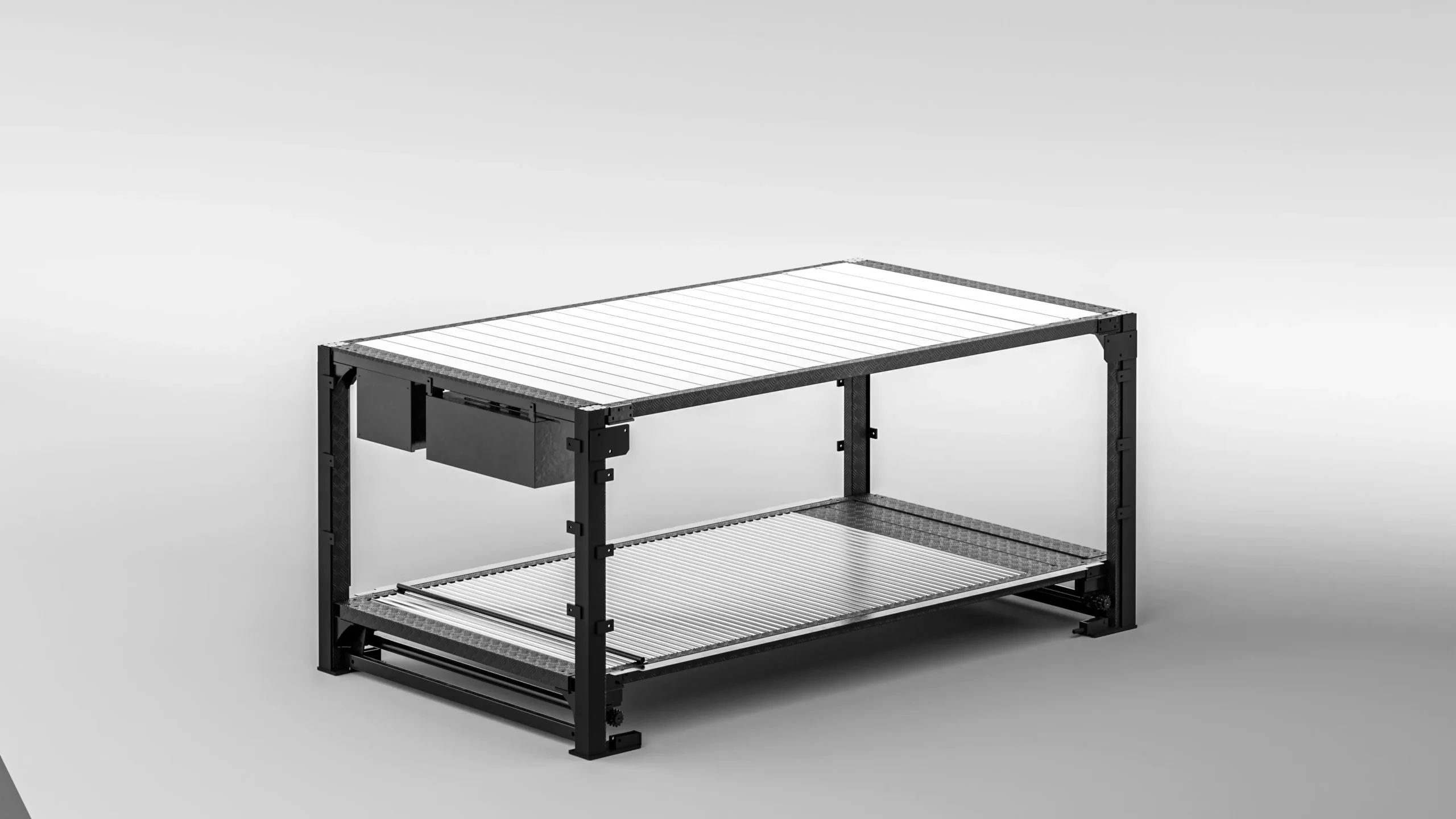 Underground parking lift empty frame, front-side view of black steel two-level parking system