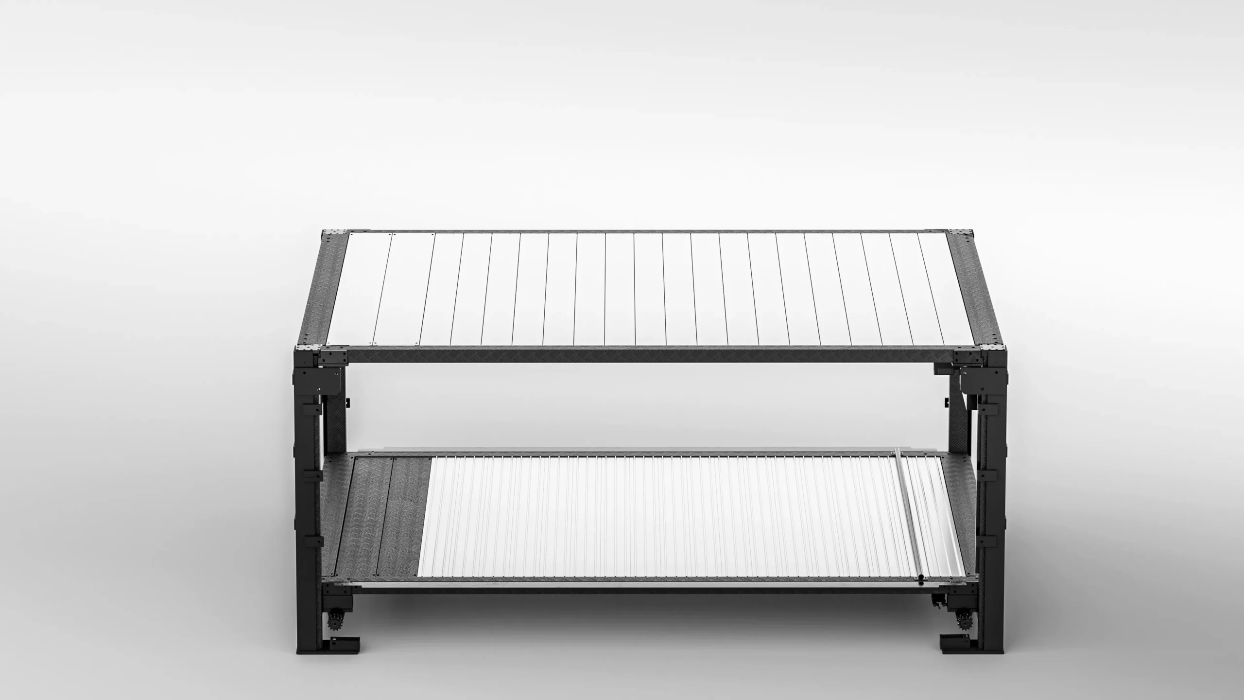 Underground parking lift empty frame, front view of black steel two-level parking structure