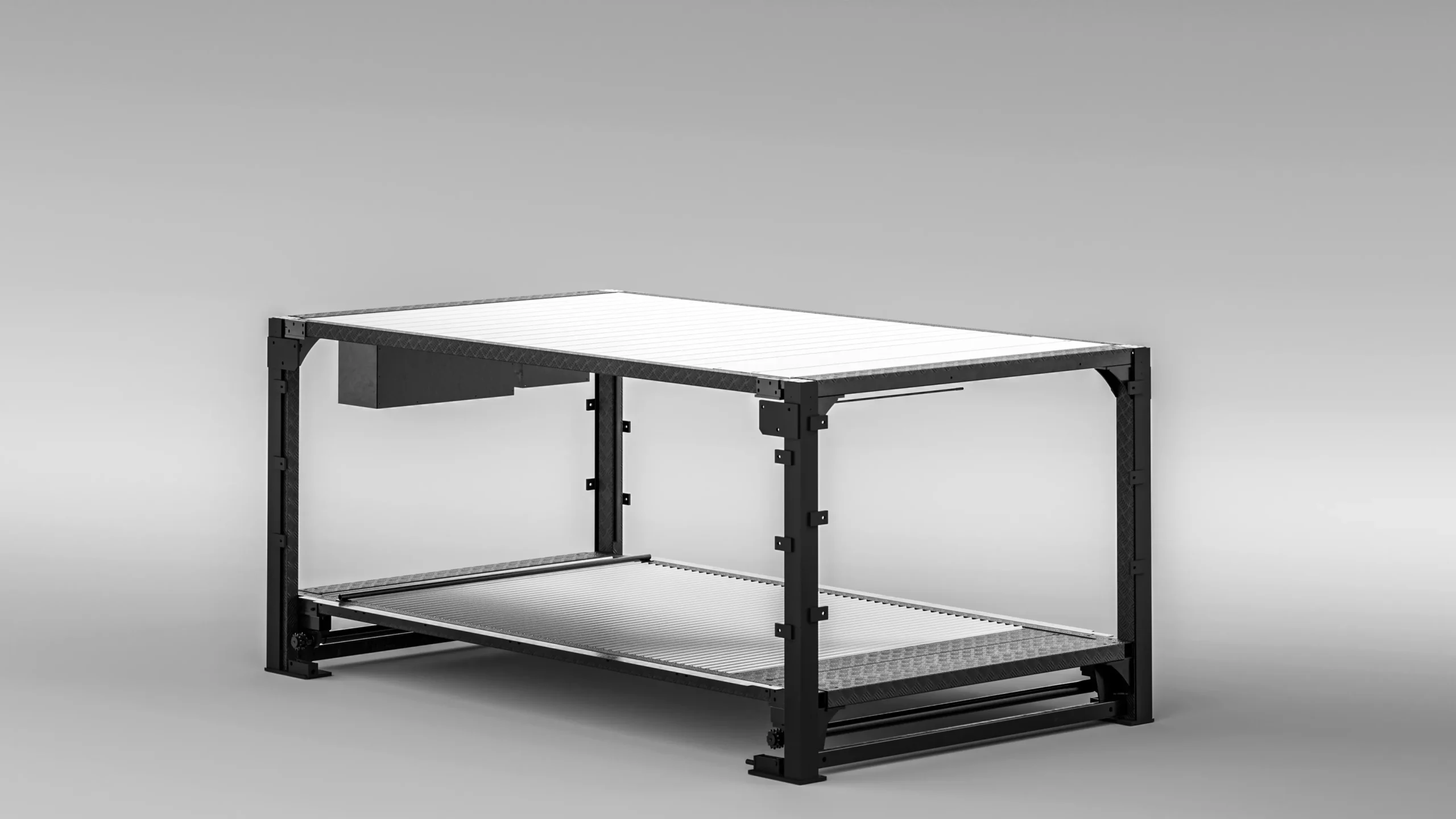 Underground parking lift empty frame, side view of black steel two-level parking lift