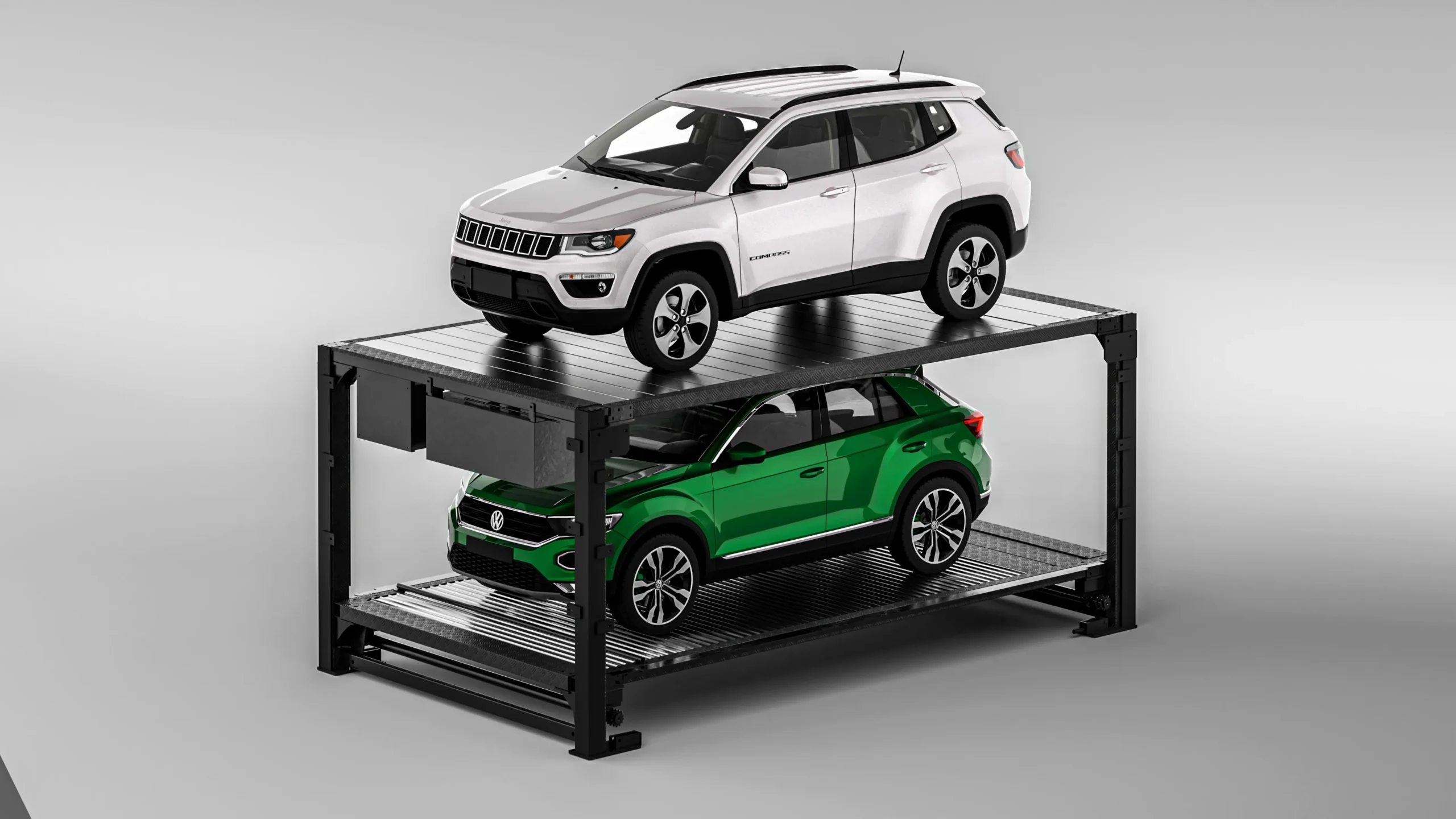 Underground parking lift with SUVs, front view of two-level automated underground parking mechanism