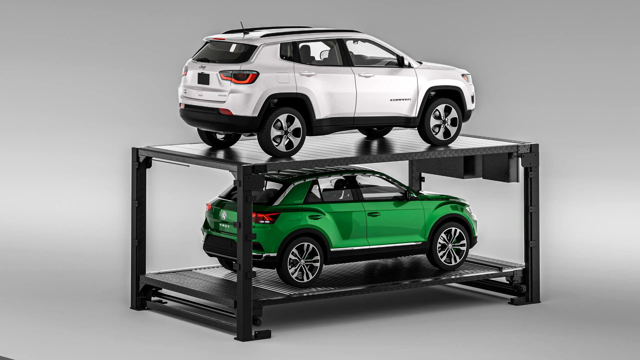Underground parking lift with SUVs, rear angle view of two-level automated underground parking structure