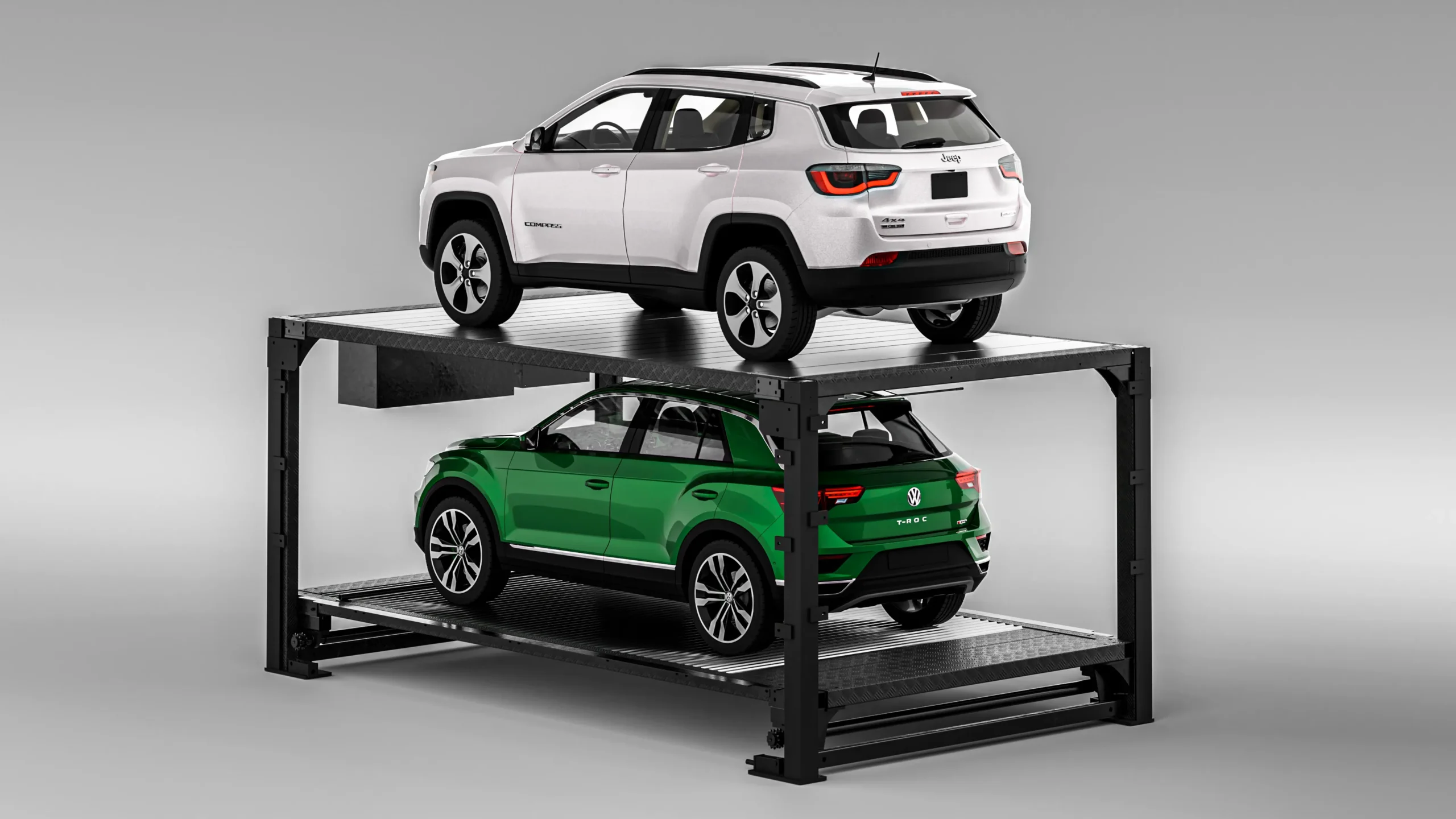 Underground parking lift with SUVs, rear view of two-level automated underground parking solution