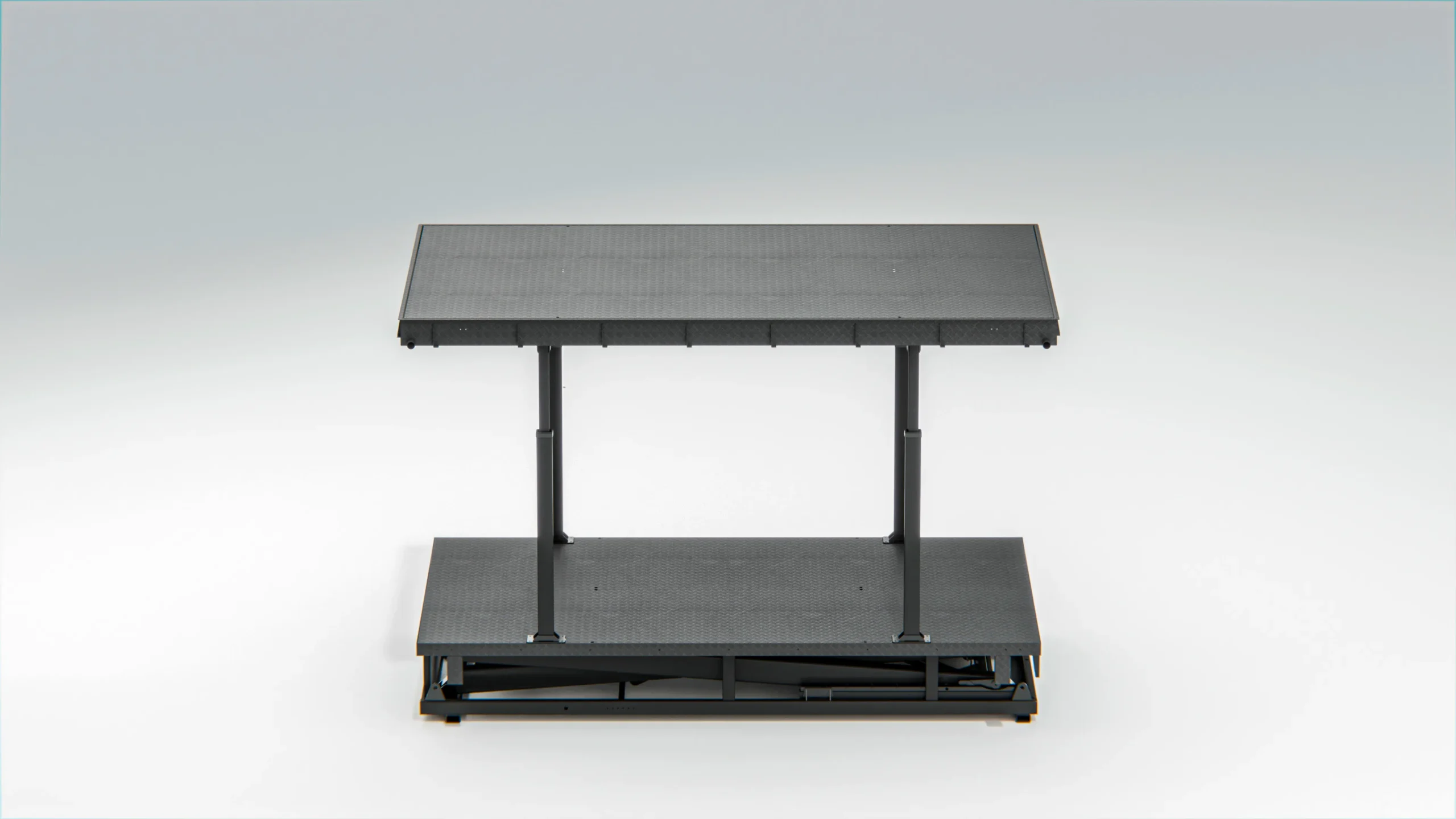 Underground scissor parking lift empty frame, front view of black steel two-level scissor parking structure