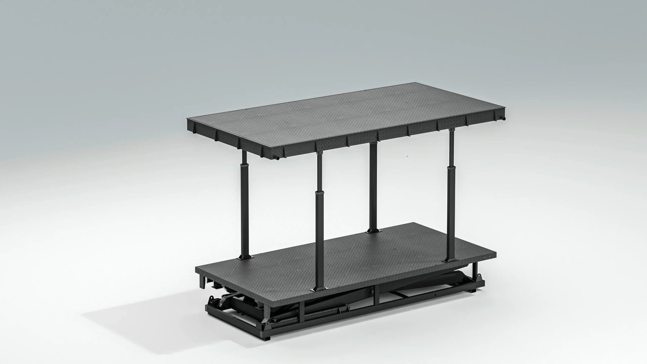 Underground scissor parking lift empty frame, side angle view of black steel scissor parking equipment