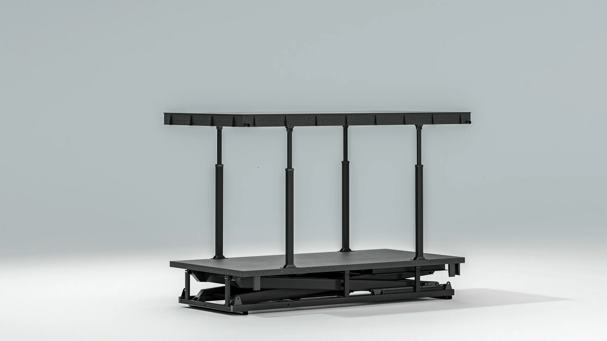 Underground scissor parking lift empty frame, side view of black steel scissor parking lift