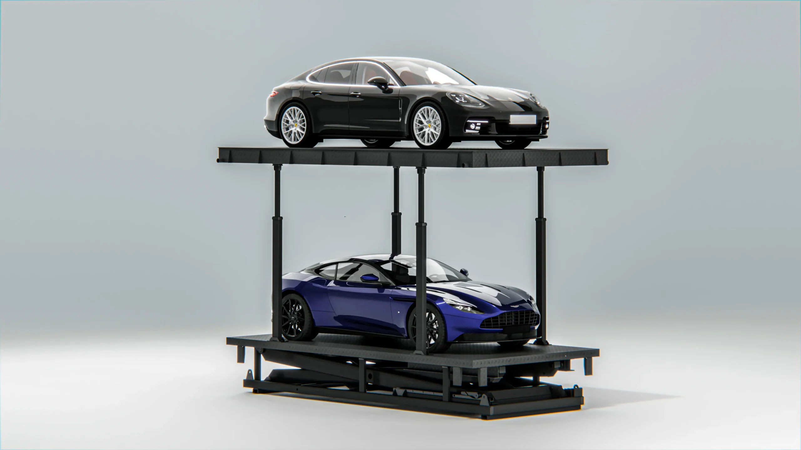 Underground scissor parking lift with luxury cars, front angle view of two-level automated underground parking structure