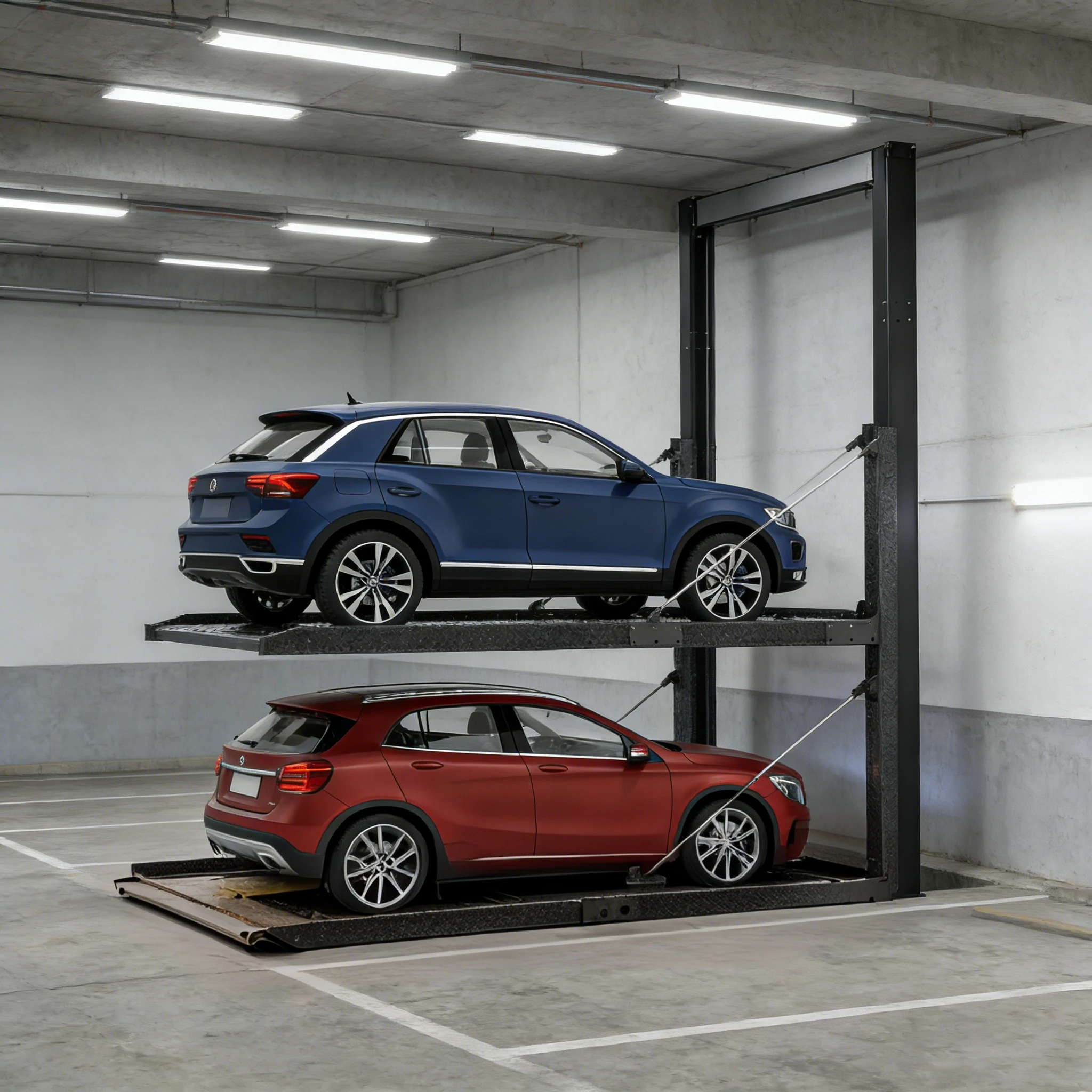 Underground two-post parking lift with blue and red SUVs in a concrete parking garage, demonstrating space-efficient two-level parking.