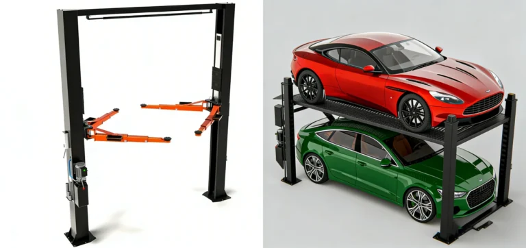 2-Post vs 4-Post Car Parking Lift: Visual comparison of two common vehicle lift systems for residential and commercial parking, with luxury cars on both lift configurations.