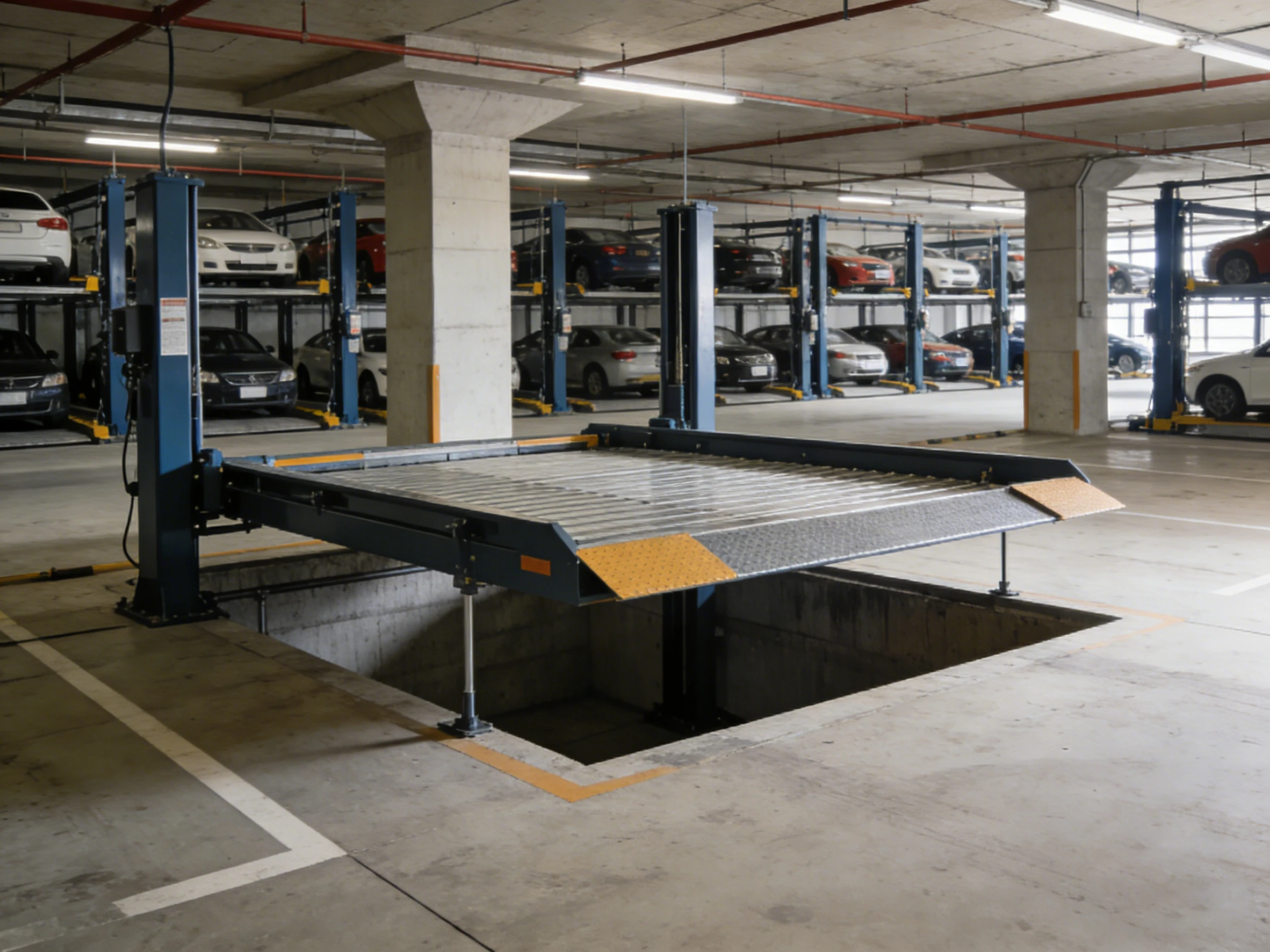 Blue cantilever pit car parking lift with empty platform in an underground parking garage, ready for vehicle loading.
