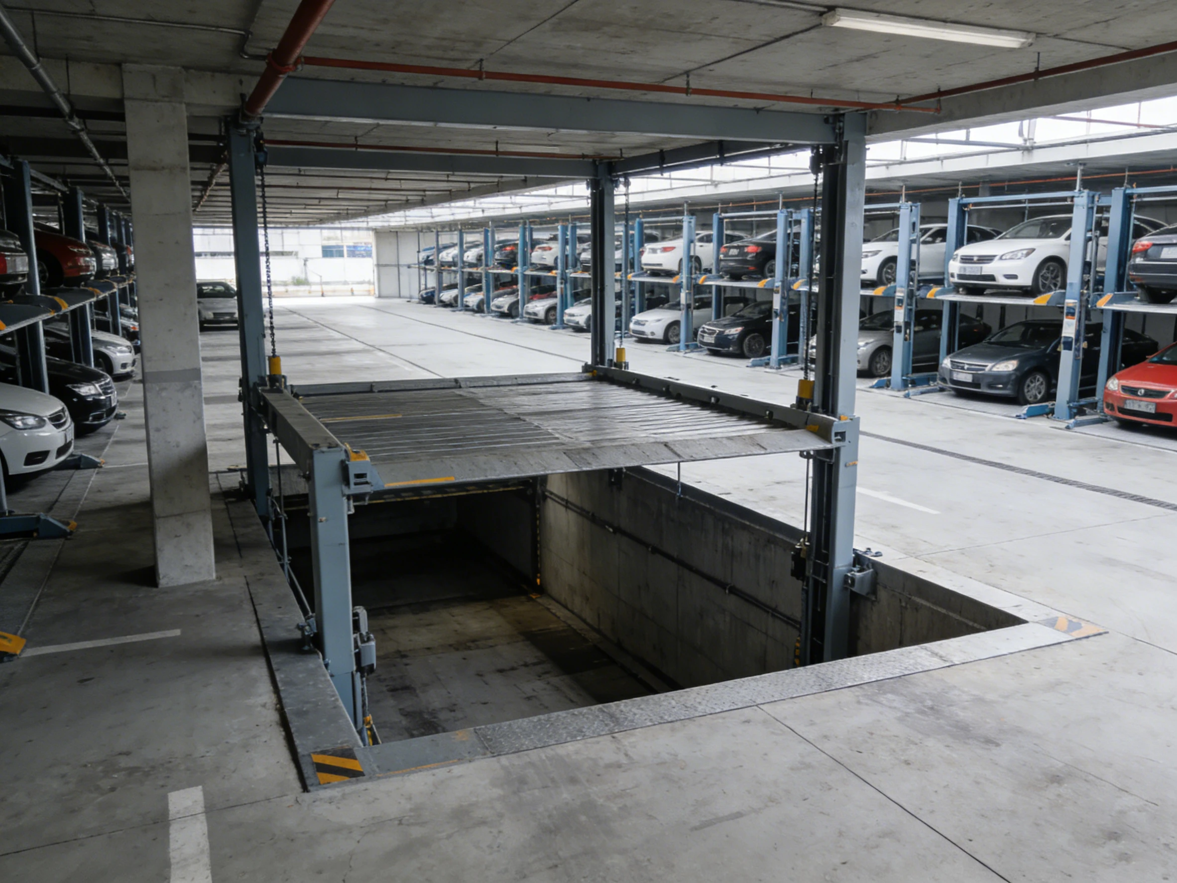 Grey cantilever pit car parking lift with empty platform in a large underground parking facility, showcasing heavy-duty design.