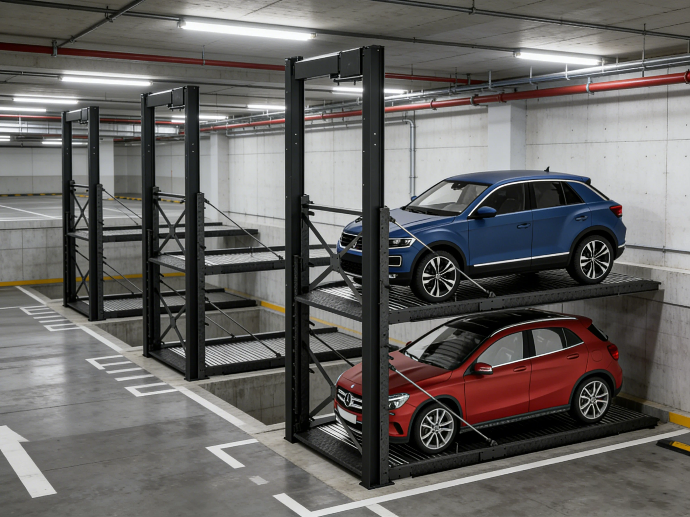 Cantilever pit car parking lift with SUVs in a multi-bay underground parking garage, a scalable space-saving parking solution.