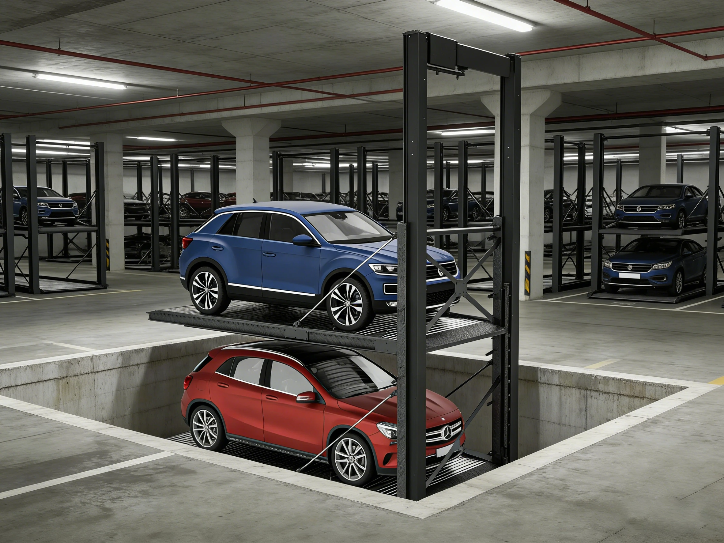 Cantilever pit car parking lift with blue and red SUVs in a modern underground parking garage, demonstrating space-efficient two-level parking.