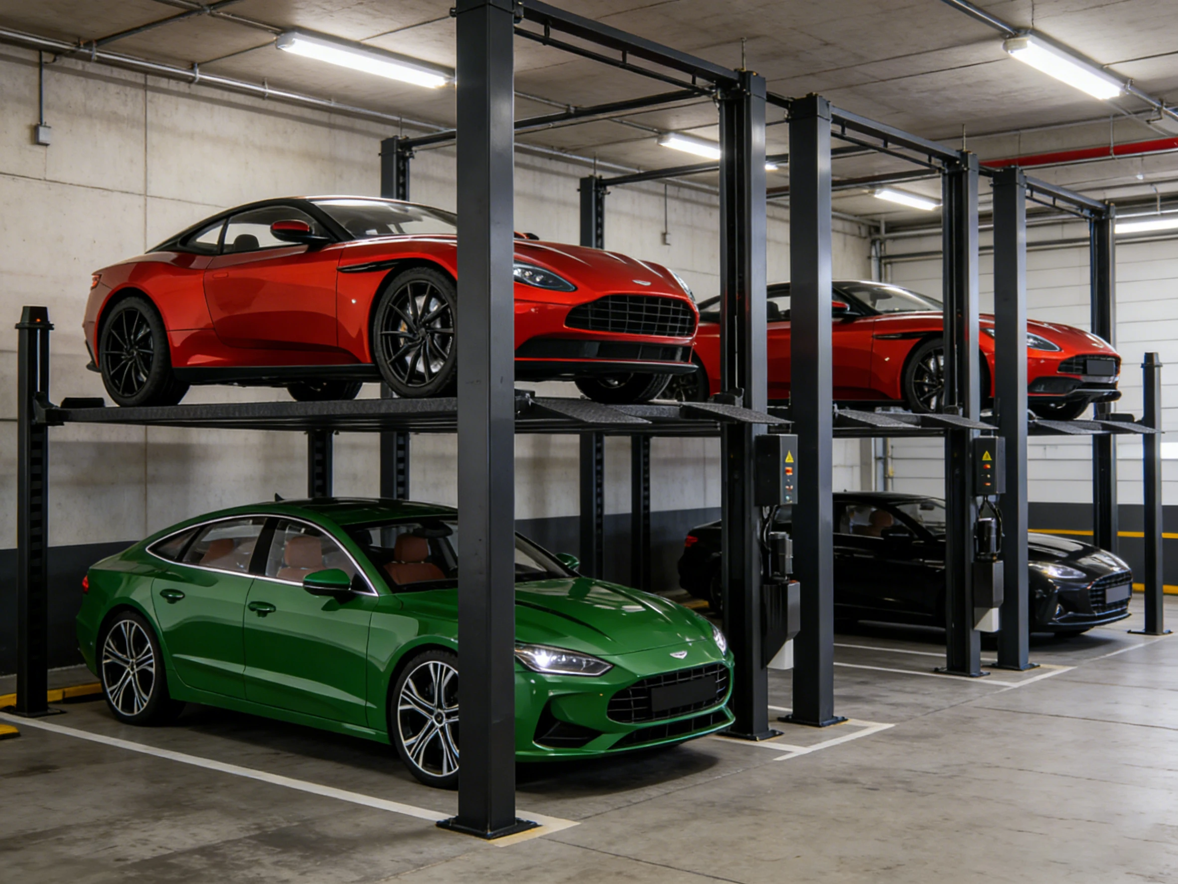 Four post car parking lift with luxury sports cars in a commercial industrial garage, demonstrating heavy-duty two-level parking efficiency.